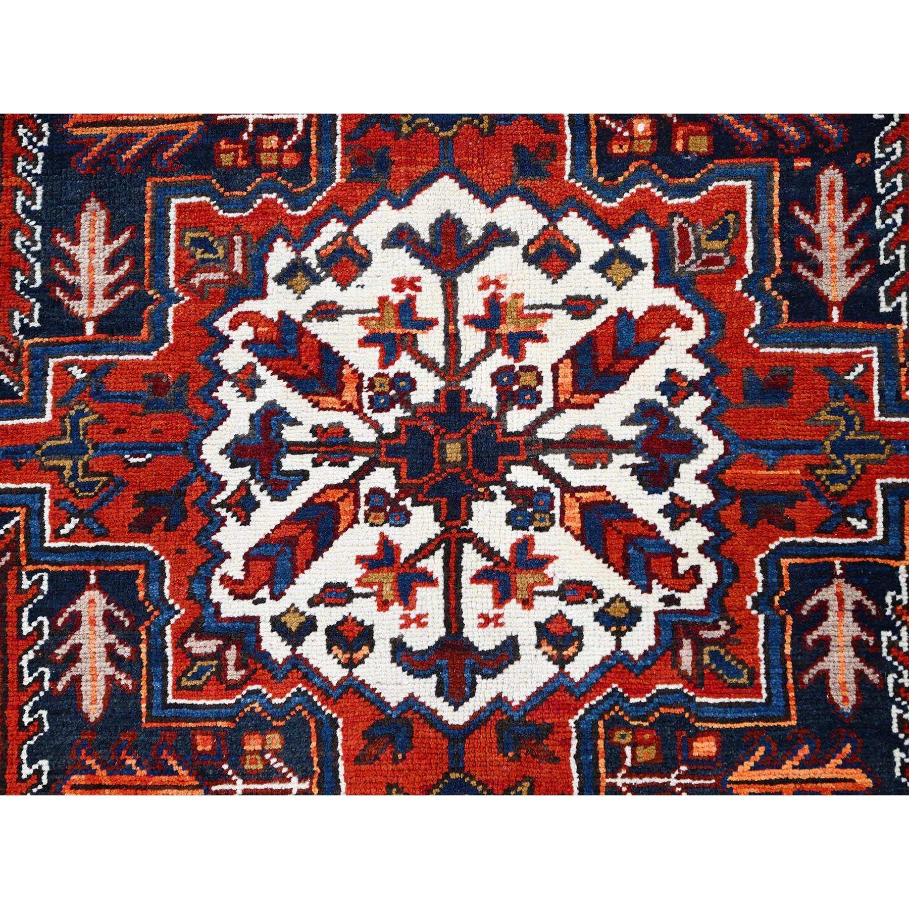 Red Pure Wool Hand Knotted Vintage Persian Heriz Rustic Feel Evenly Worn Rug For Sale 3