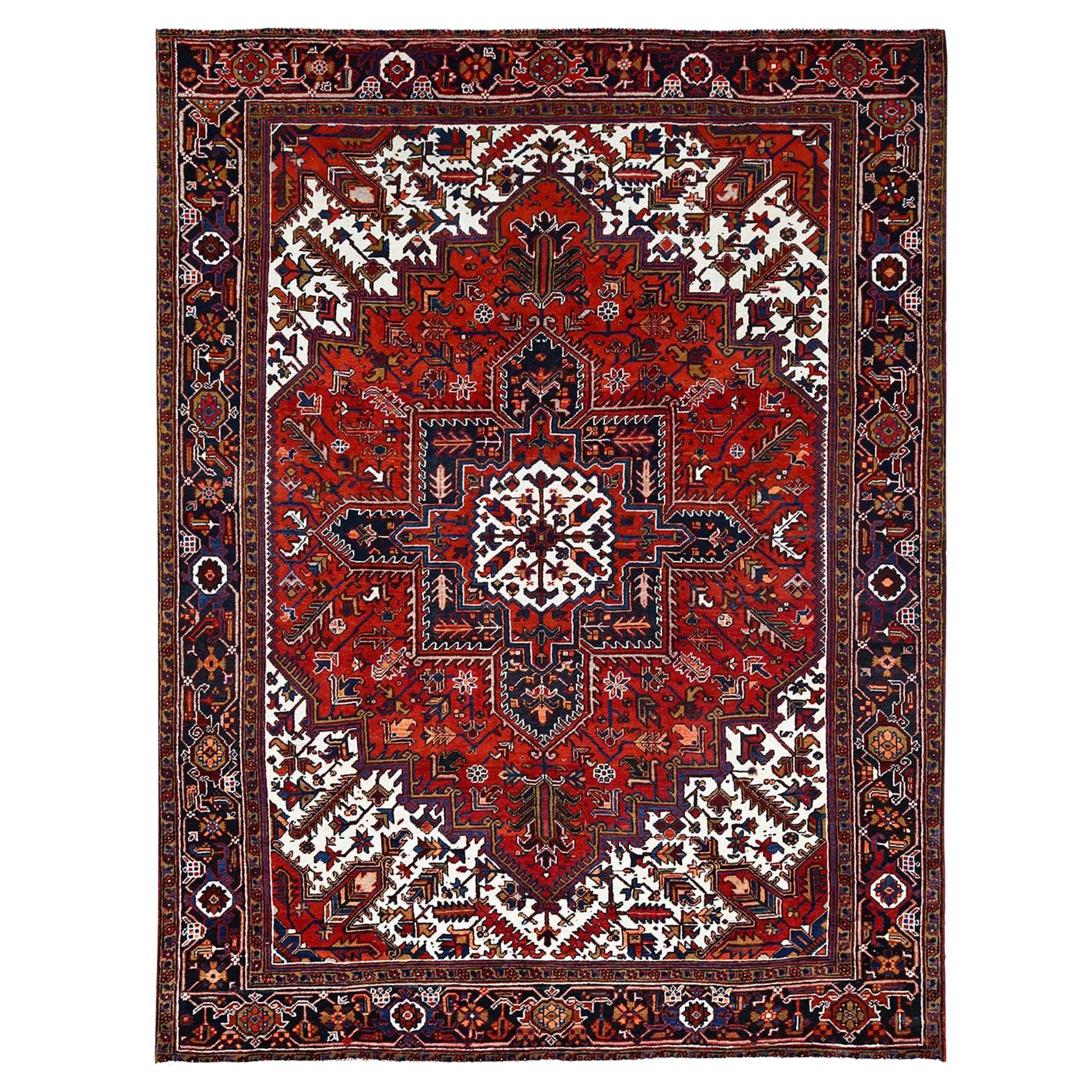 Red Pure Wool Hand Knotted Vintage Persian Heriz Rustic Feel Evenly Worn Rug For Sale