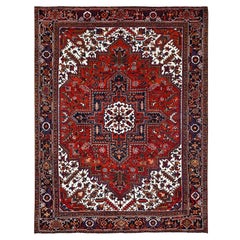 Red Pure Wool Hand Knotted Vintage Persian Heriz Rustic Feel Evenly Worn Rug