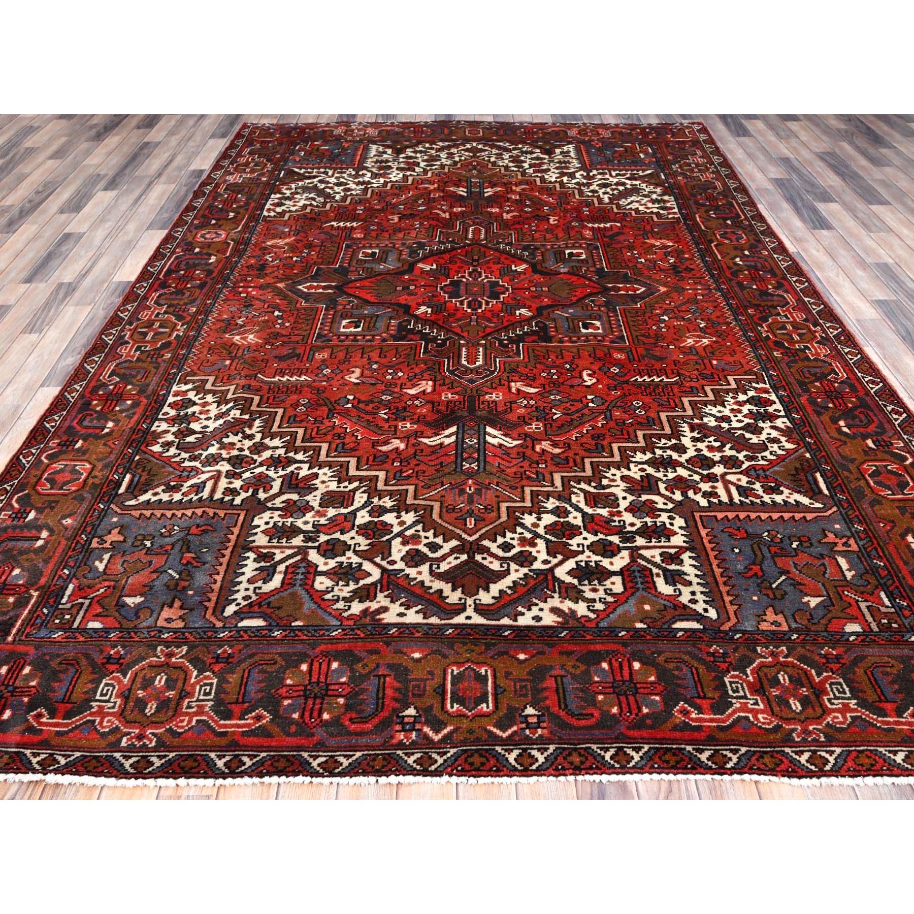 Hand-Knotted Red Pure Wool Hand Knotted Vintage Persian Heriz Rustic Look Clean Oriental Rug For Sale