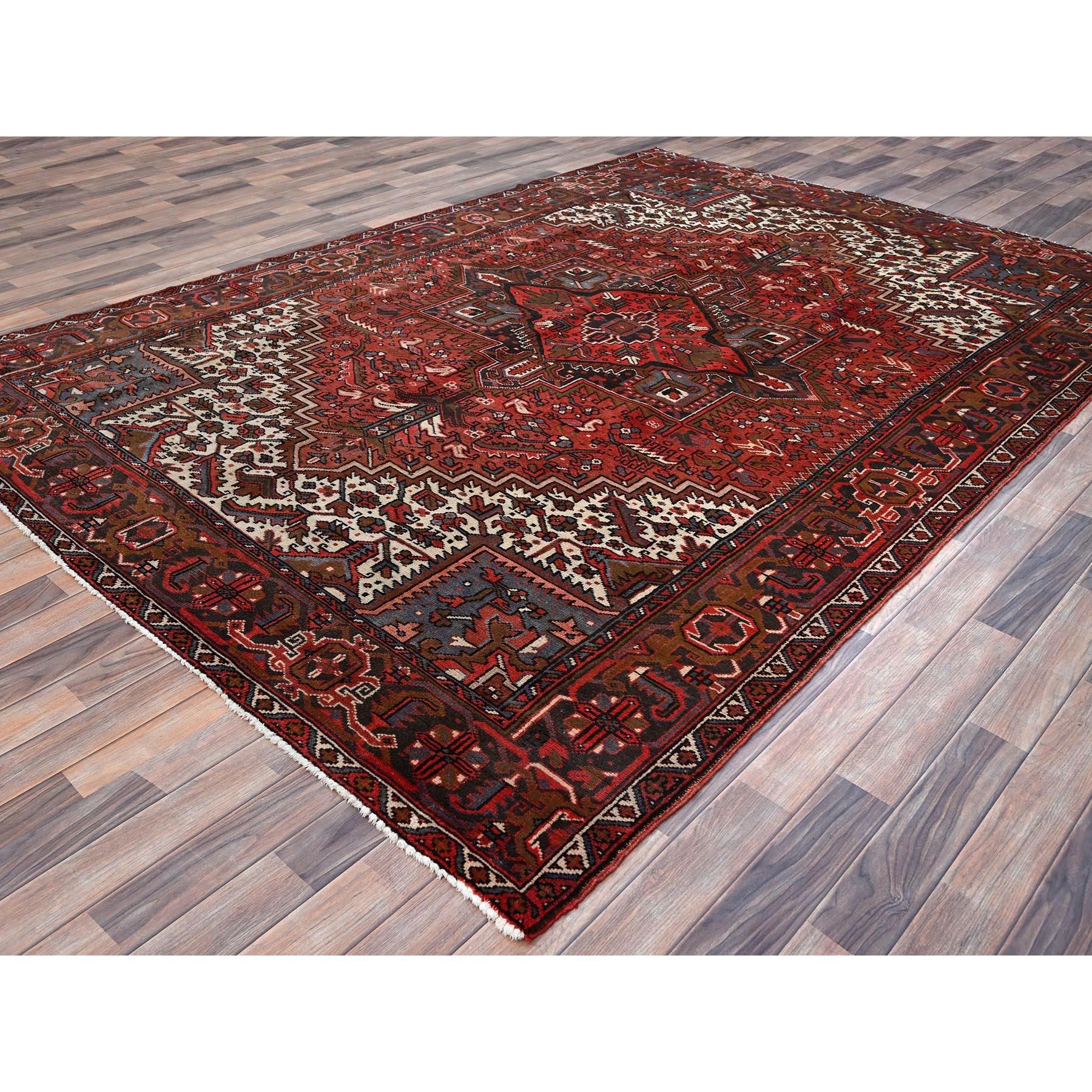 Red Pure Wool Hand Knotted Vintage Persian Heriz Rustic Look Clean Oriental Rug In Excellent Condition For Sale In Carlstadt, NJ