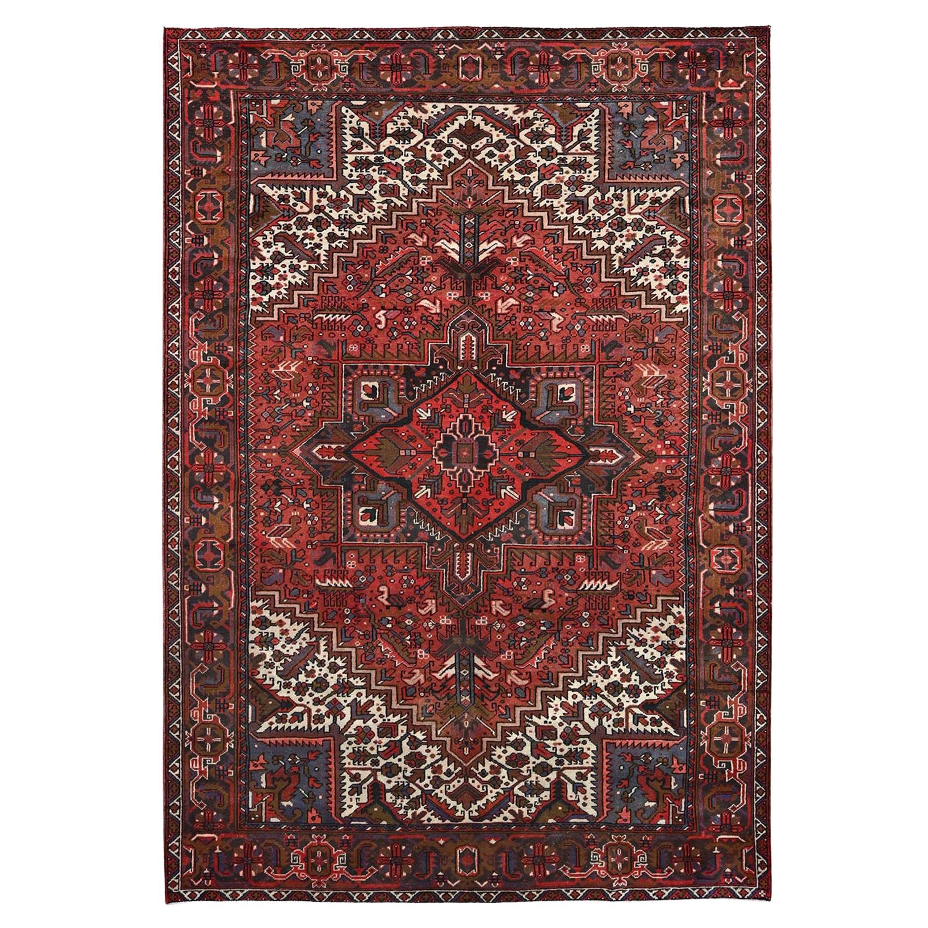 Red Pure Wool Hand Knotted Vintage Persian Heriz Rustic Look Clean Oriental Rug For Sale