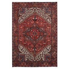 Red Pure Wool Hand Knotted Vintage Persian Heriz Rustic Look Clean Oriental Rug