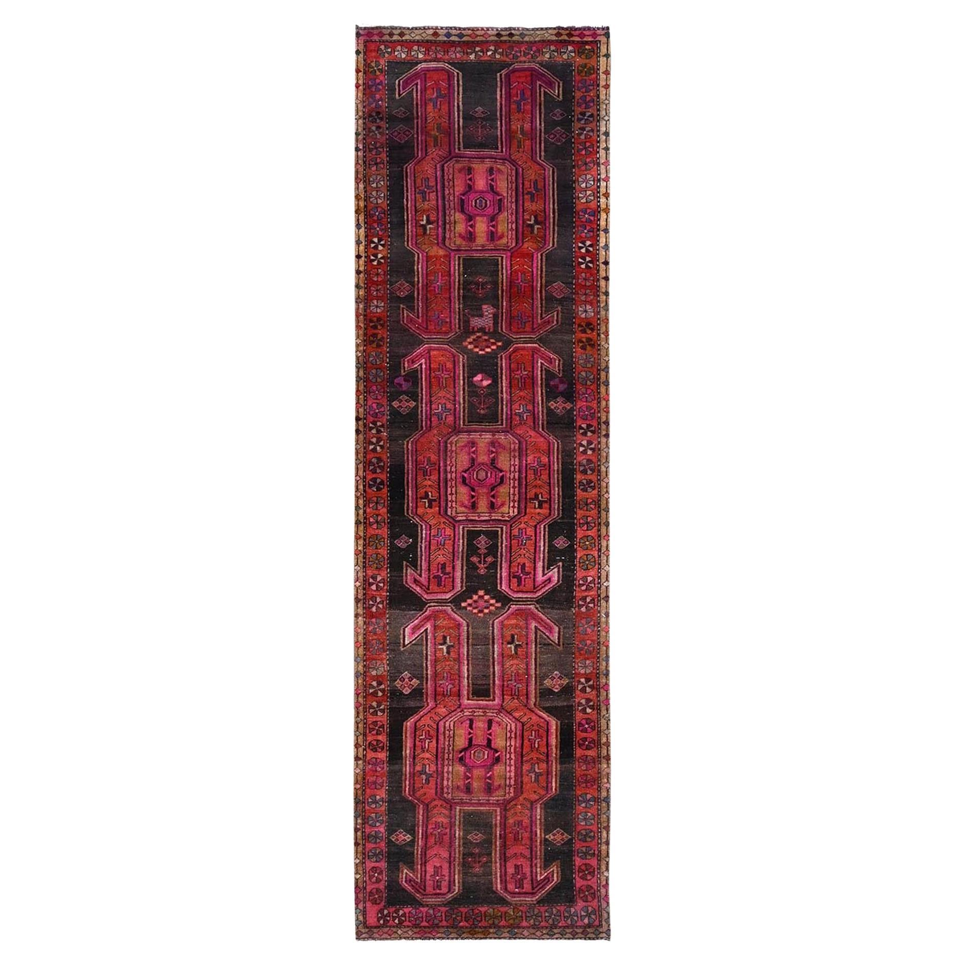 Red Pure Wool Vintage Northwest Persian Clean Hand Knotted Distressed Runner Rug