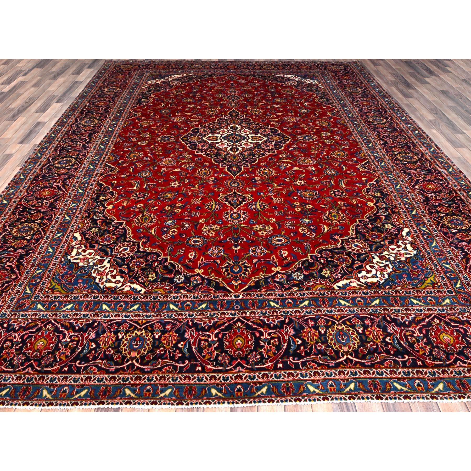 Medieval Red Pure Wool Vintage Persian Kashan Medallion Design 200 KPSI Hand Knotted Rug For Sale