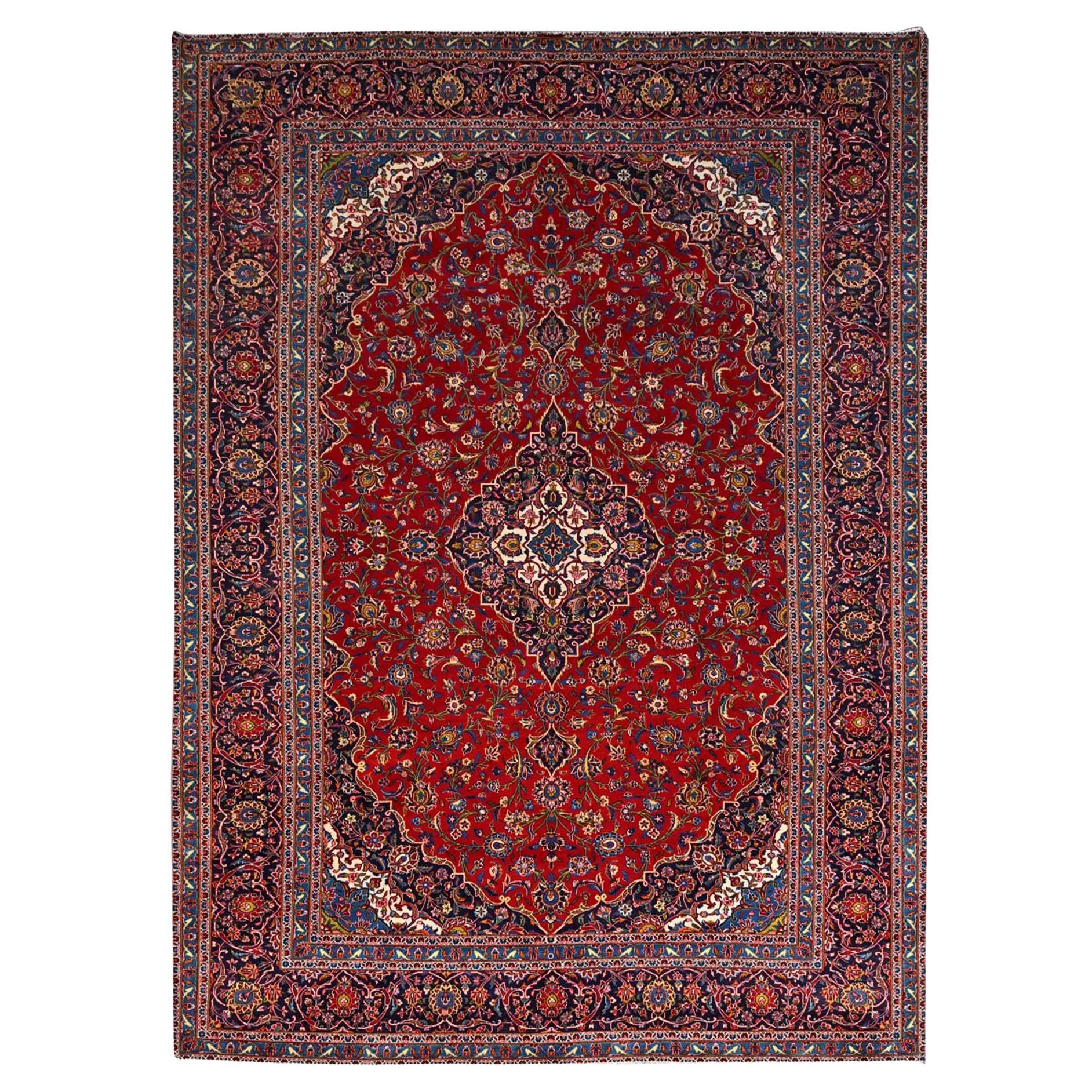 Red Pure Wool Vintage Persian Kashan Medallion Design 200 KPSI Hand Knotted Rug For Sale