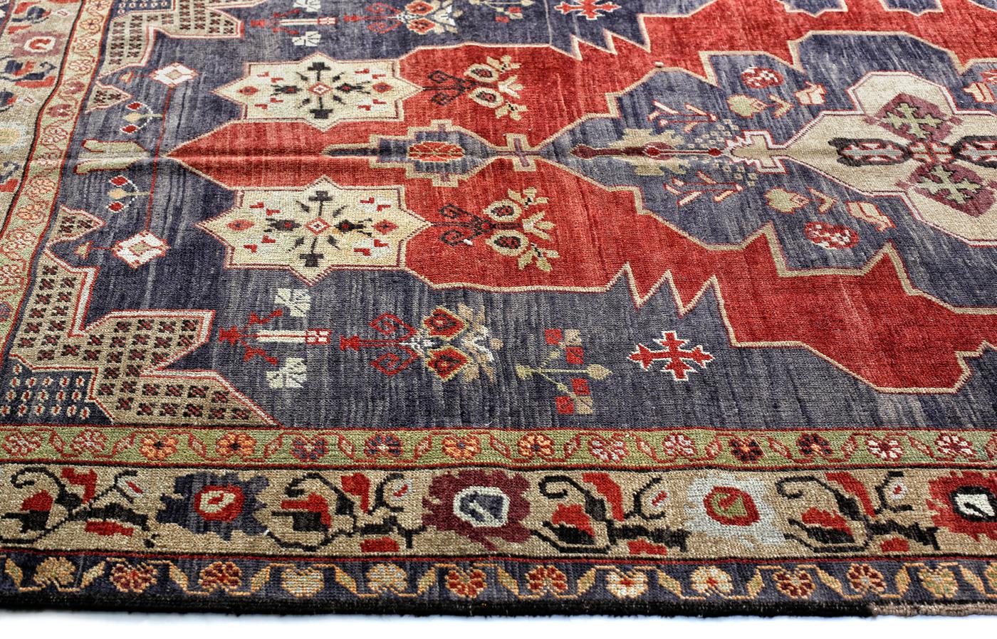 Red, Purple and Beige Handmade Wool Turkish Old Anatolian Konya Distressed Rug In Excellent Condition For Sale In North Bergen, NJ