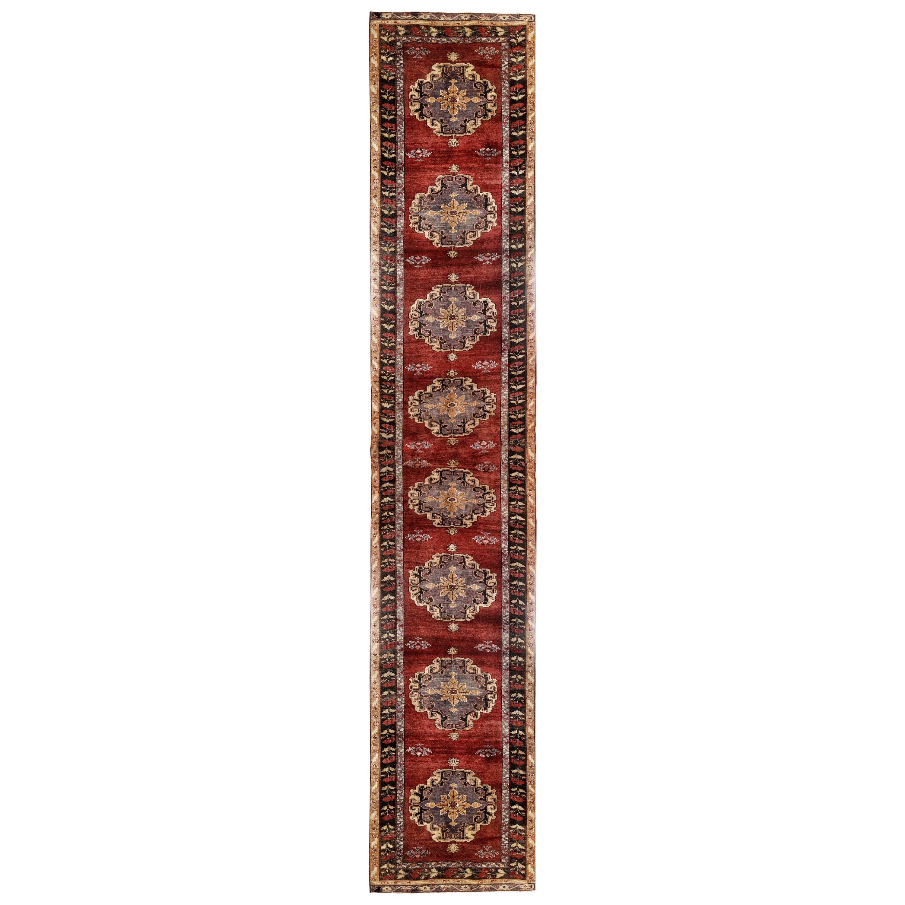 Red, Purple and Black Handmade Wool Turkish Old Anatolian Konya Distressed Rug For Sale