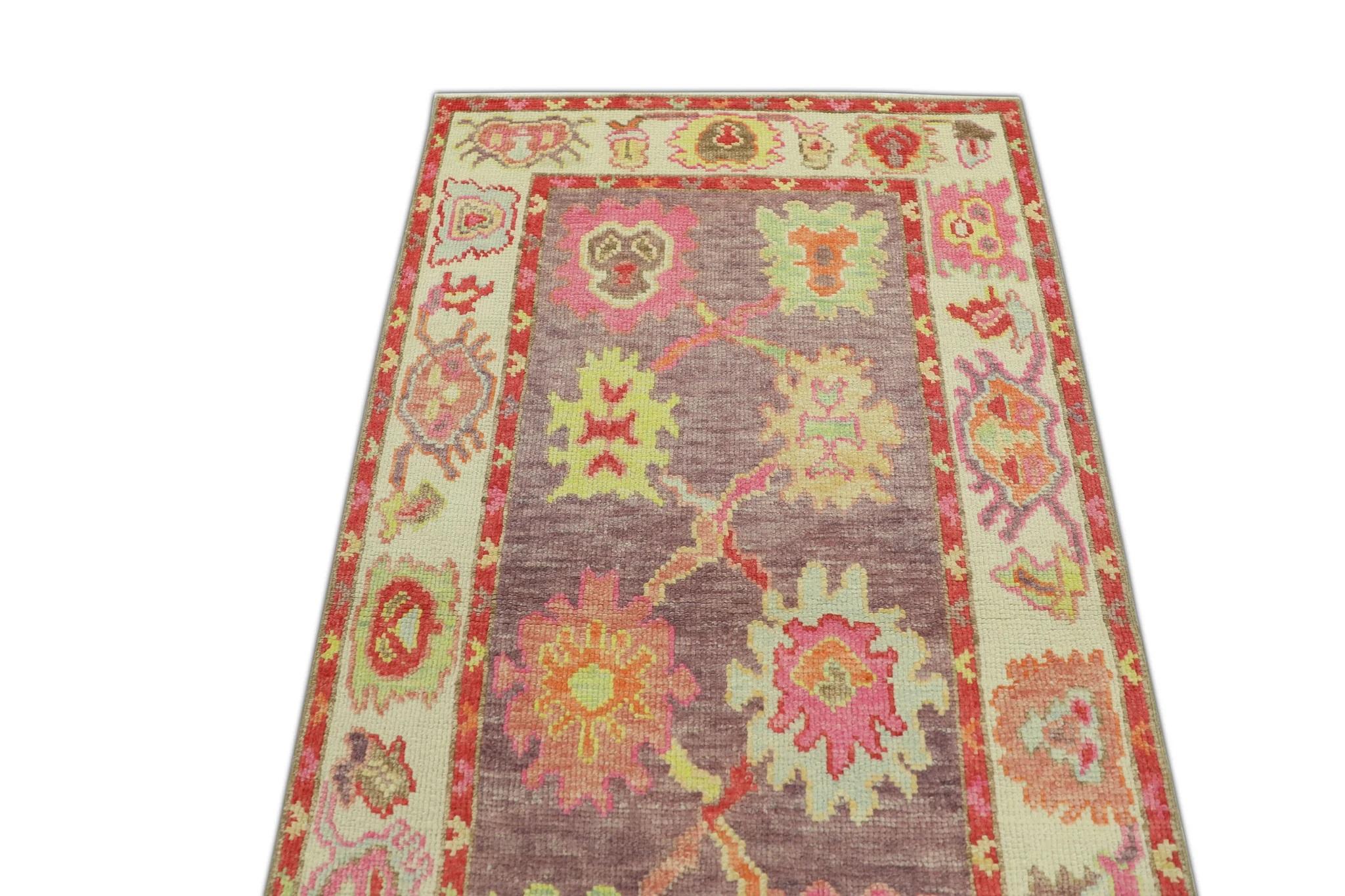 Modern Red & Purple Handwoven Wool Turkish Oushak Rug 3' x 5' For Sale