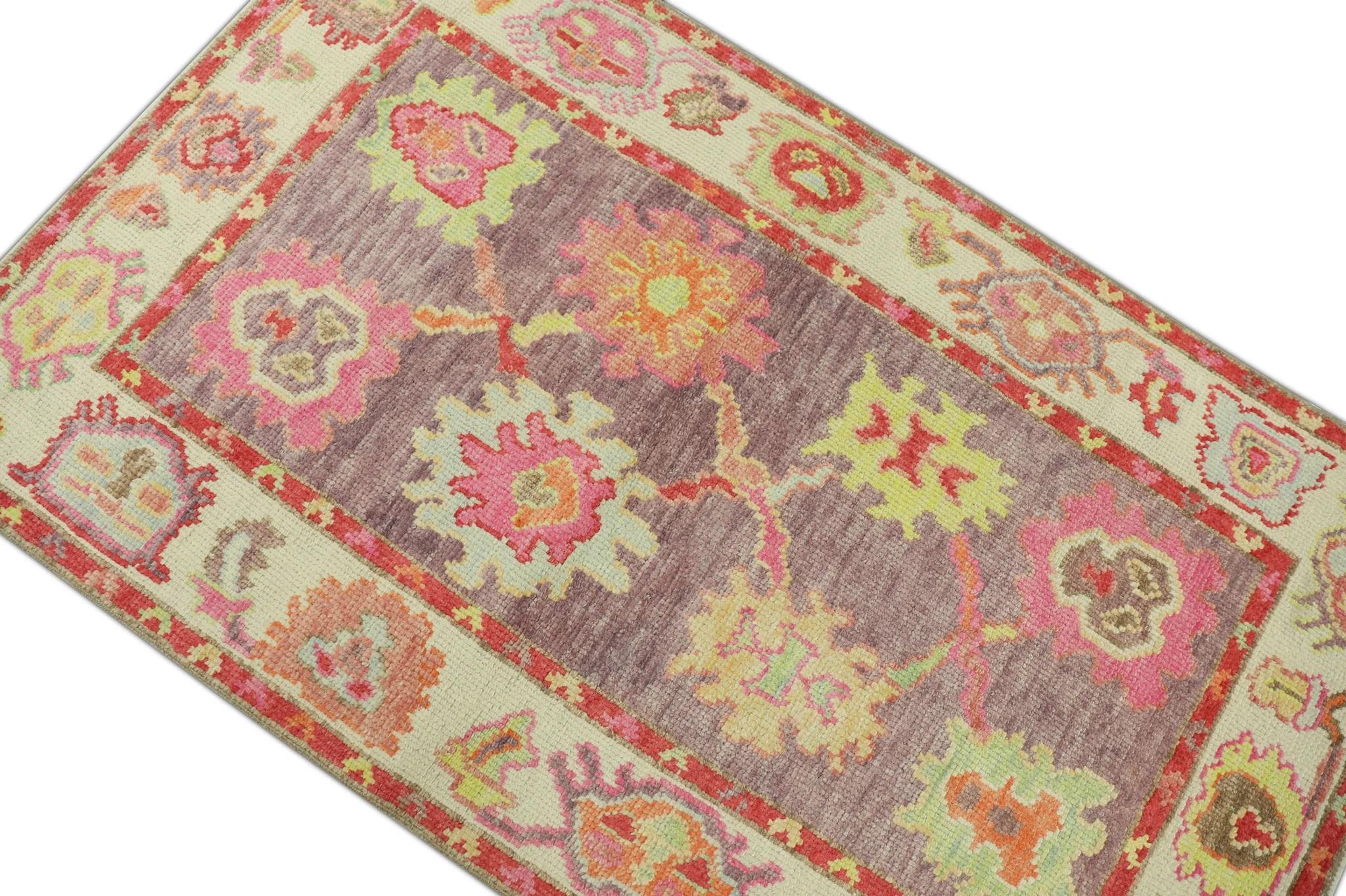 Vegetable Dyed Red & Purple Handwoven Wool Turkish Oushak Rug 3' x 5' For Sale