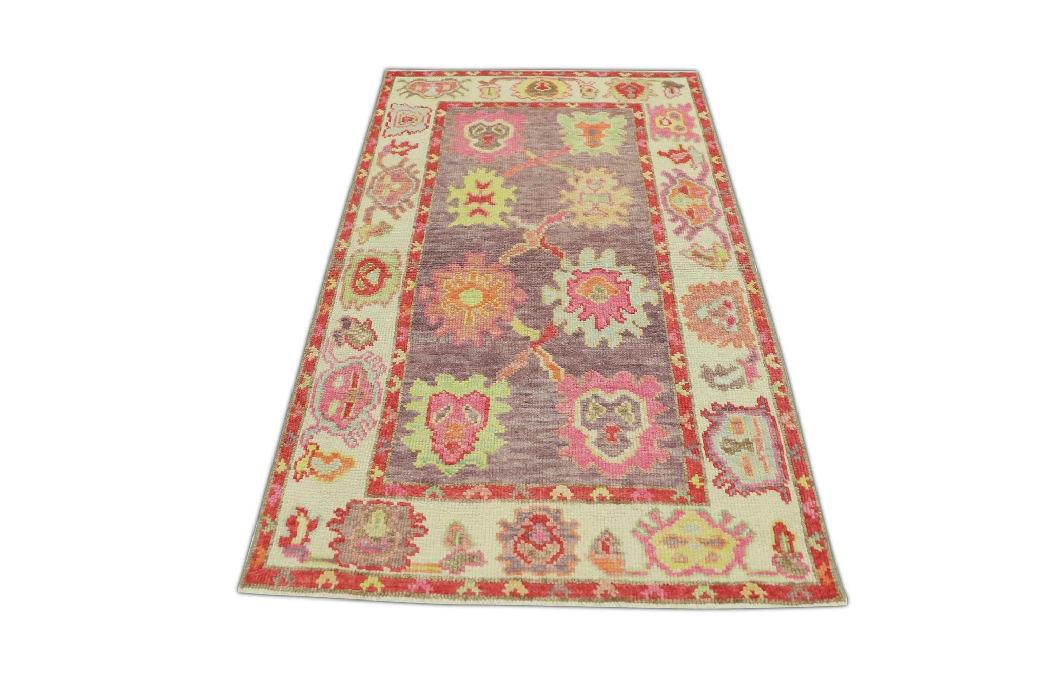 Red & Purple Handwoven Wool Turkish Oushak Rug 3' x 5' In New Condition For Sale In Houston, TX