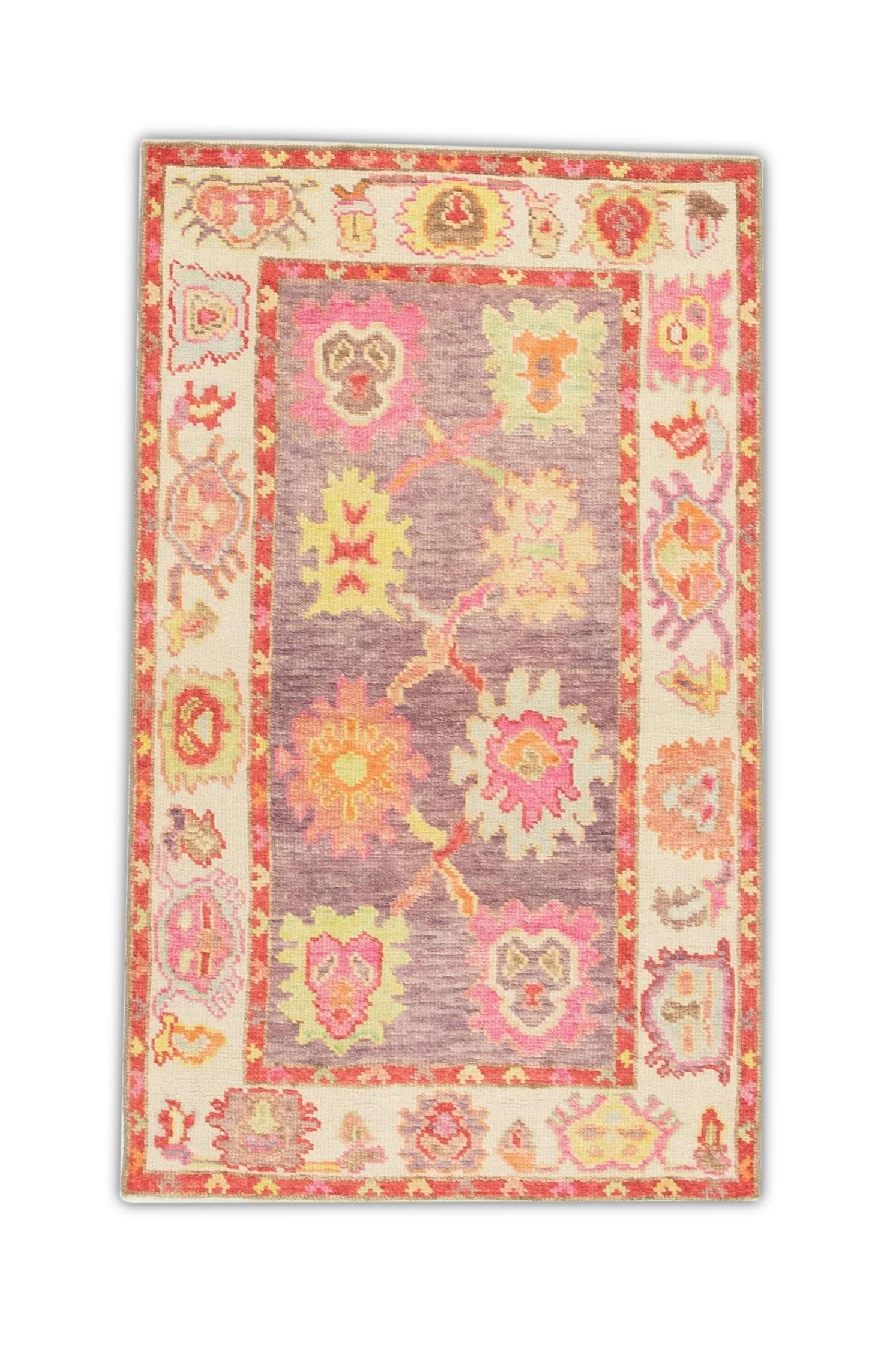 Contemporary Red & Purple Handwoven Wool Turkish Oushak Rug 3' x 5' For Sale