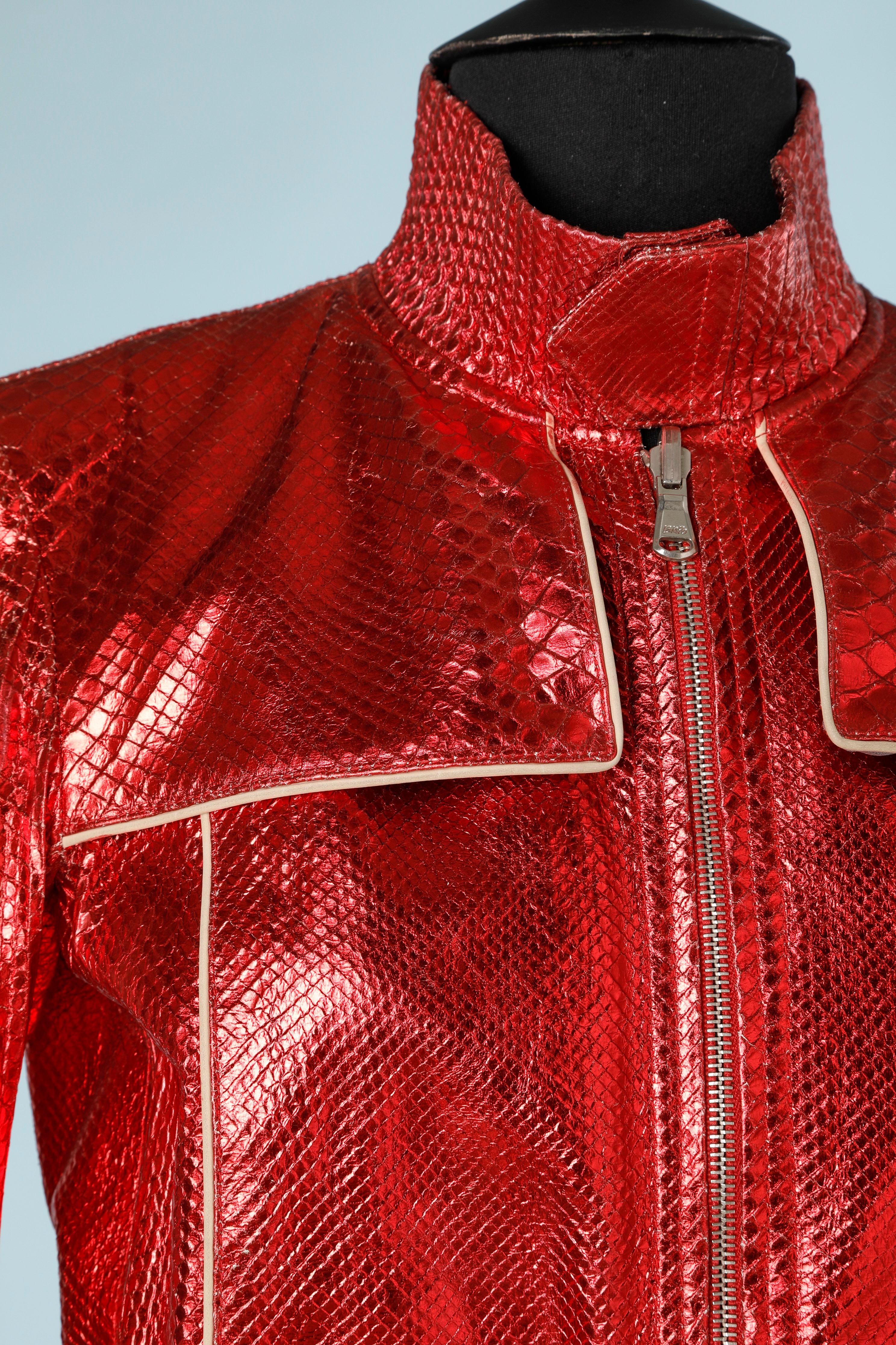 Red python jacket with white border lined with fully animal print python Shiro
back width 39cm
Size 38 French 
42 IT
All real leather 
specialist leather cleaning only 
This garment is made from top quality skins. Every single skin has been hand