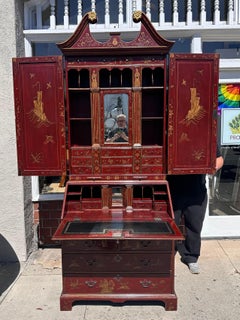 Red Queen Anne Style Burton-Ching Chinoiserie Secretary Desk Bookcase