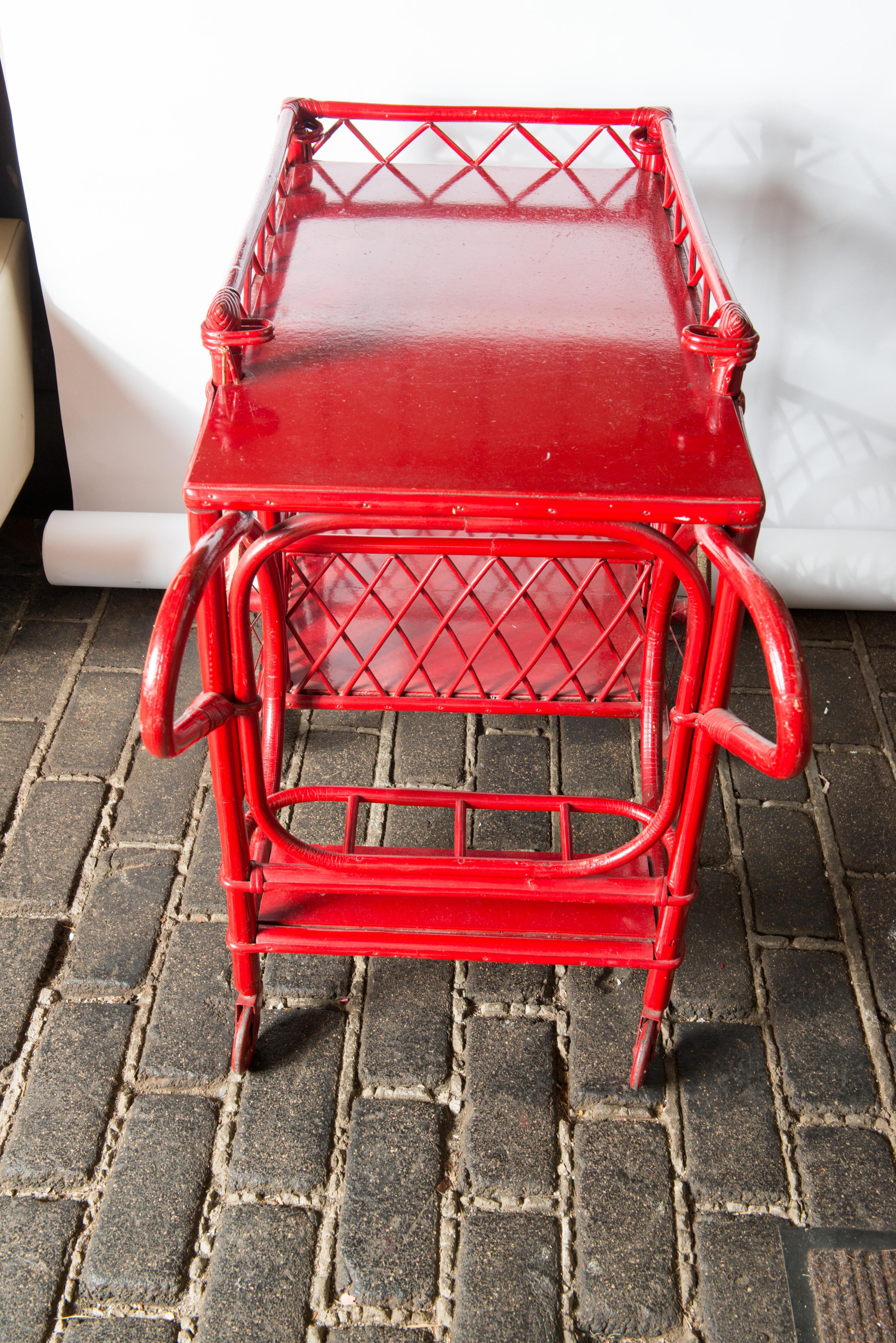 Red Rattan Bar Cart In Good Condition In Stamford, CT