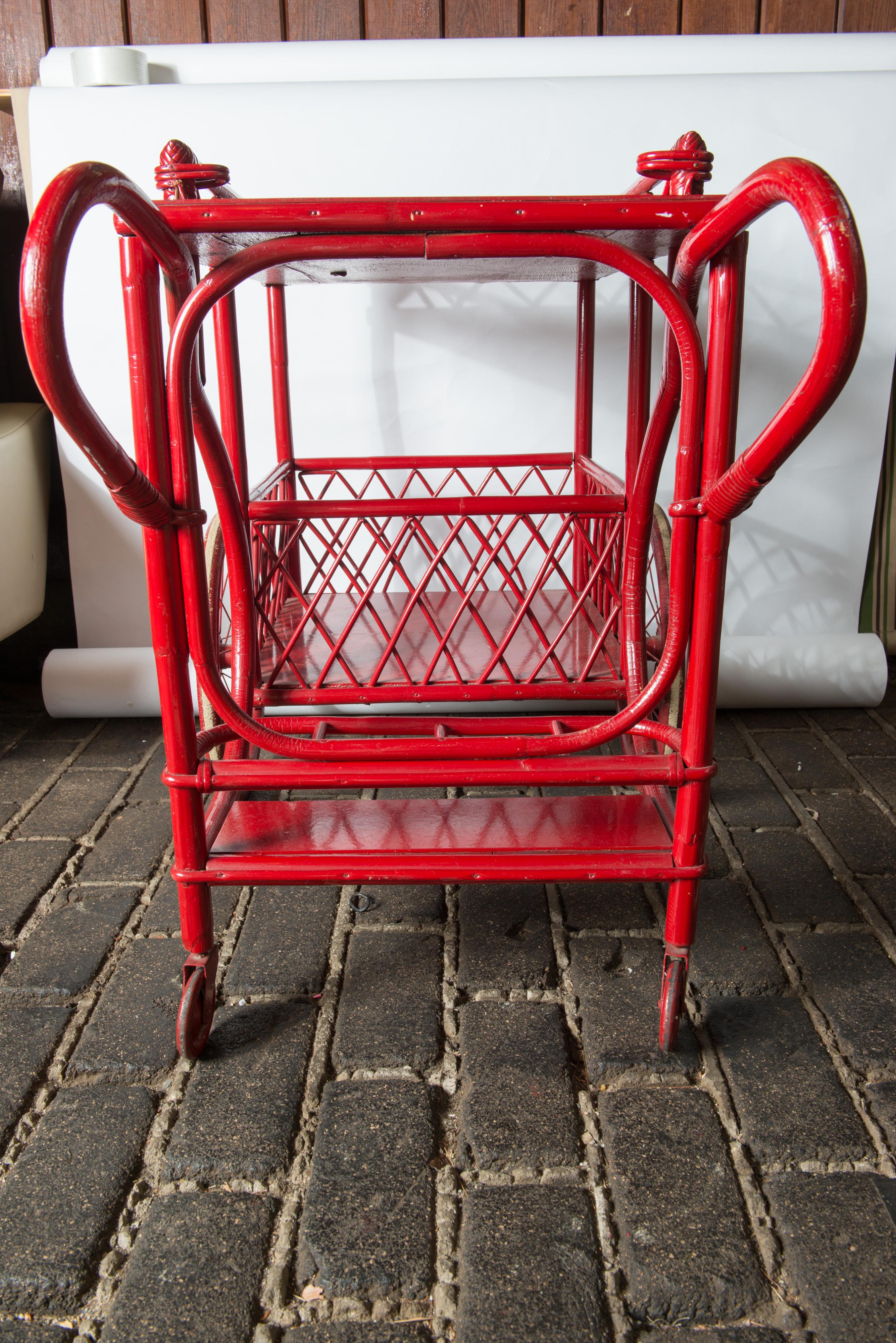Mid-20th Century Red Rattan Bar Cart