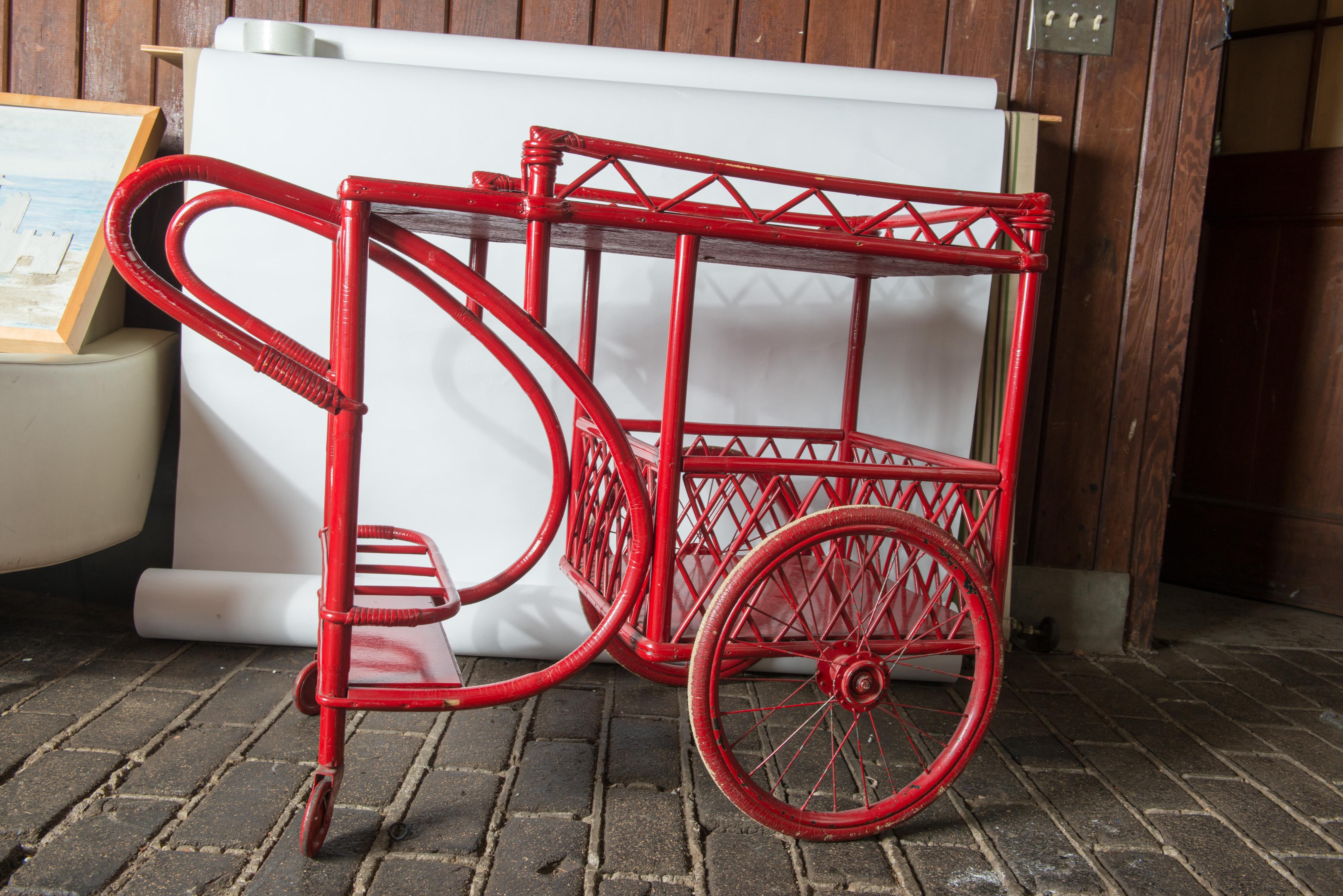 Red Rattan Bar Cart 1