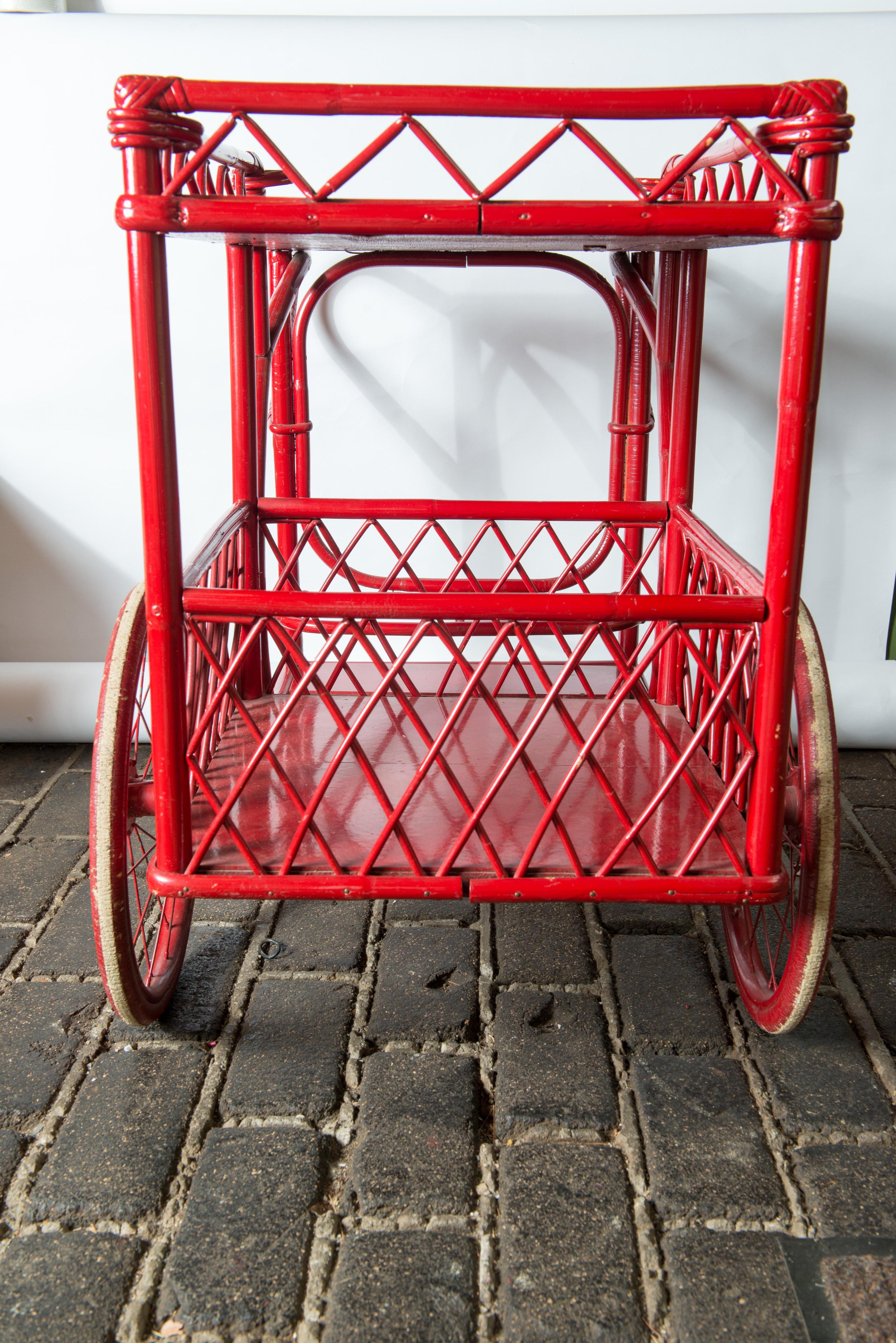 Red Rattan Bar Cart 3