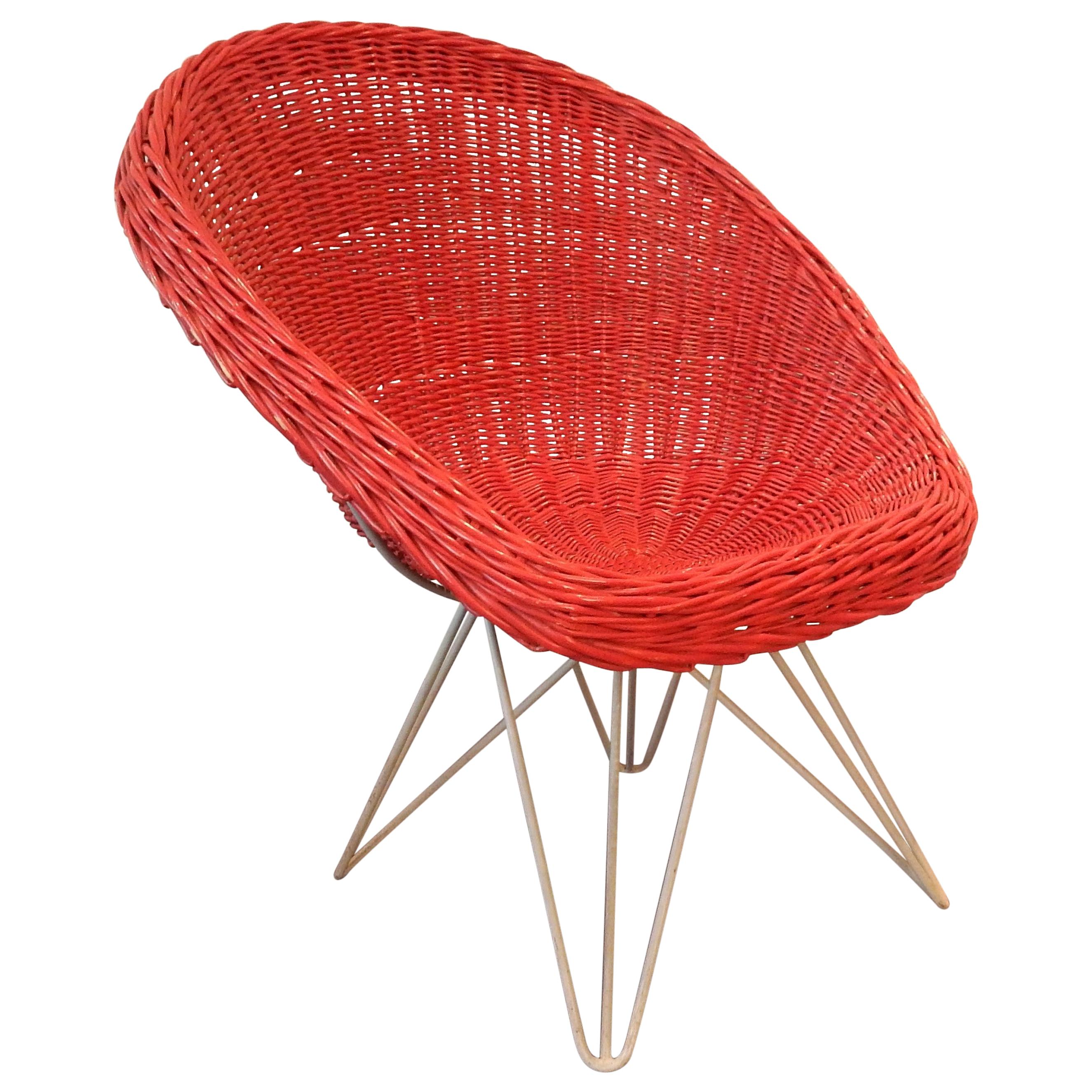 Red Rattan Lounge Chair by Teun Velthuizen for Urotan, The Netherlands, 1950s For Sale
