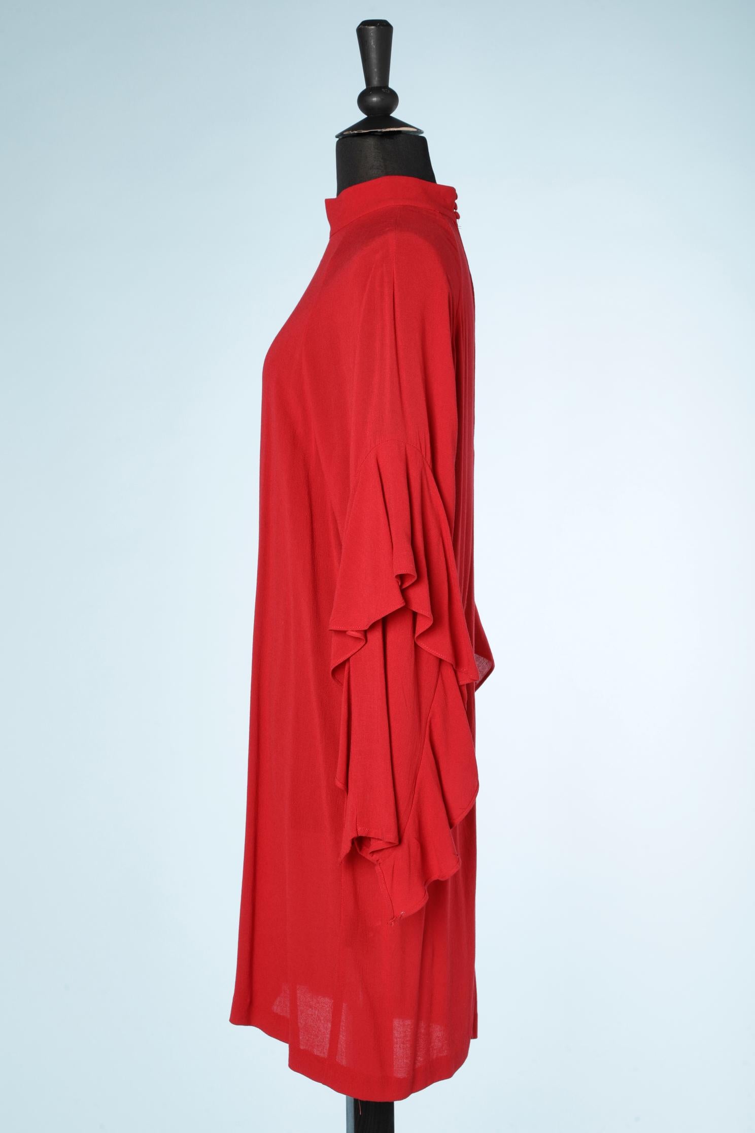 Women's Red rayon cocktail dress with ruffles on the sleeves  For Sale