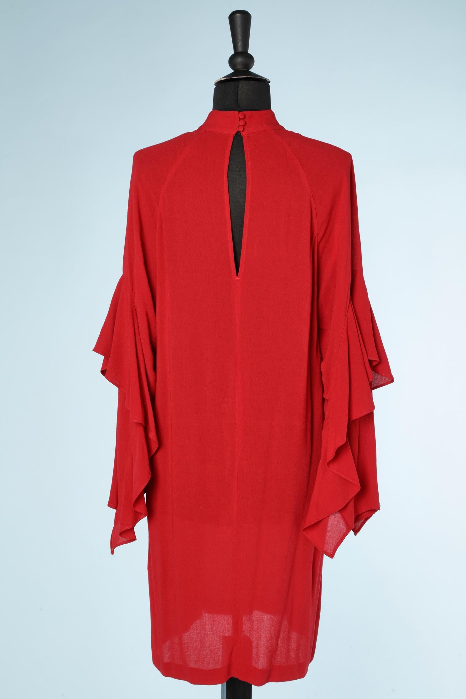 Red rayon cocktail dress with ruffles on the sleeves  For Sale 1