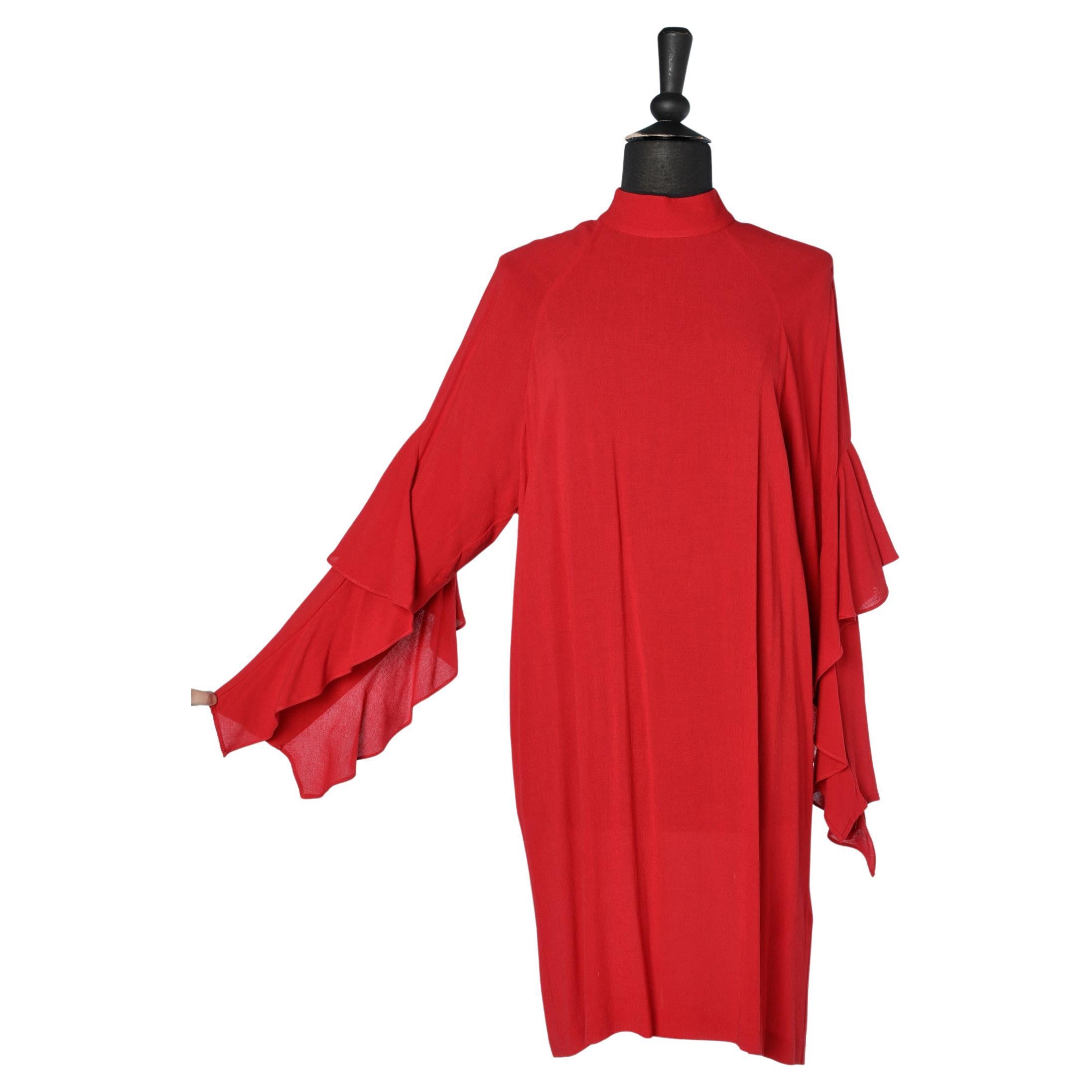 Red rayon cocktail dress with ruffles on the sleeves  For Sale