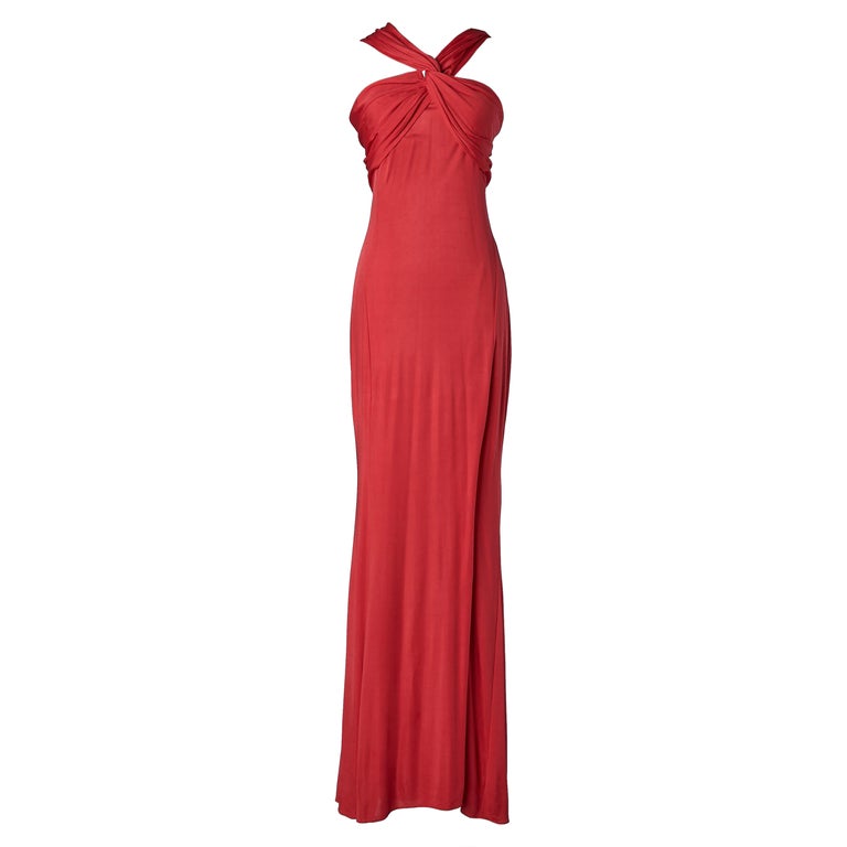 Red rayon jersey evening dress draped on the bust and back Donna Karan For  Sale at 1stDibs