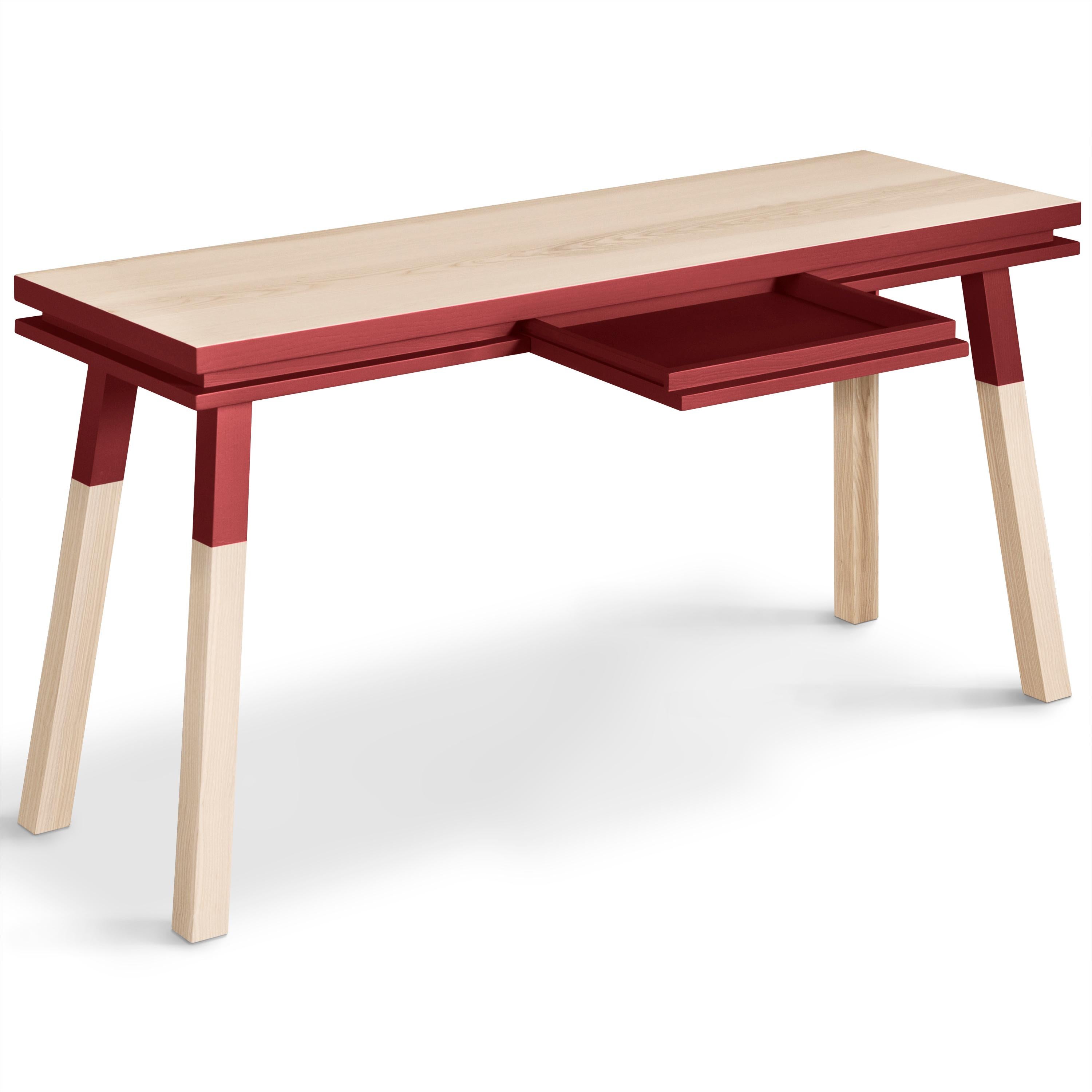 Hand-Crafted Red Rectangular Desk in Solid Wood, Designed in Paris and Made in France For Sale