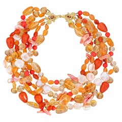 Red Reef Necklace, Agate, Citrine, & Coral and 18 Carat Gold and Zircon Clasp