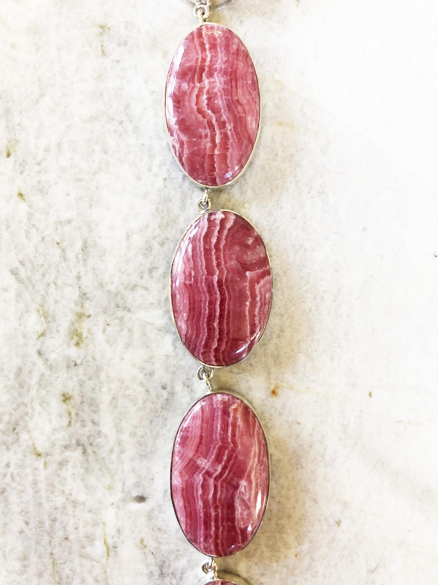 Red Rhodochrosite and Sterling Silver Bezel Set Linked Bib Necklace In New Condition For Sale In Tucson, AZ