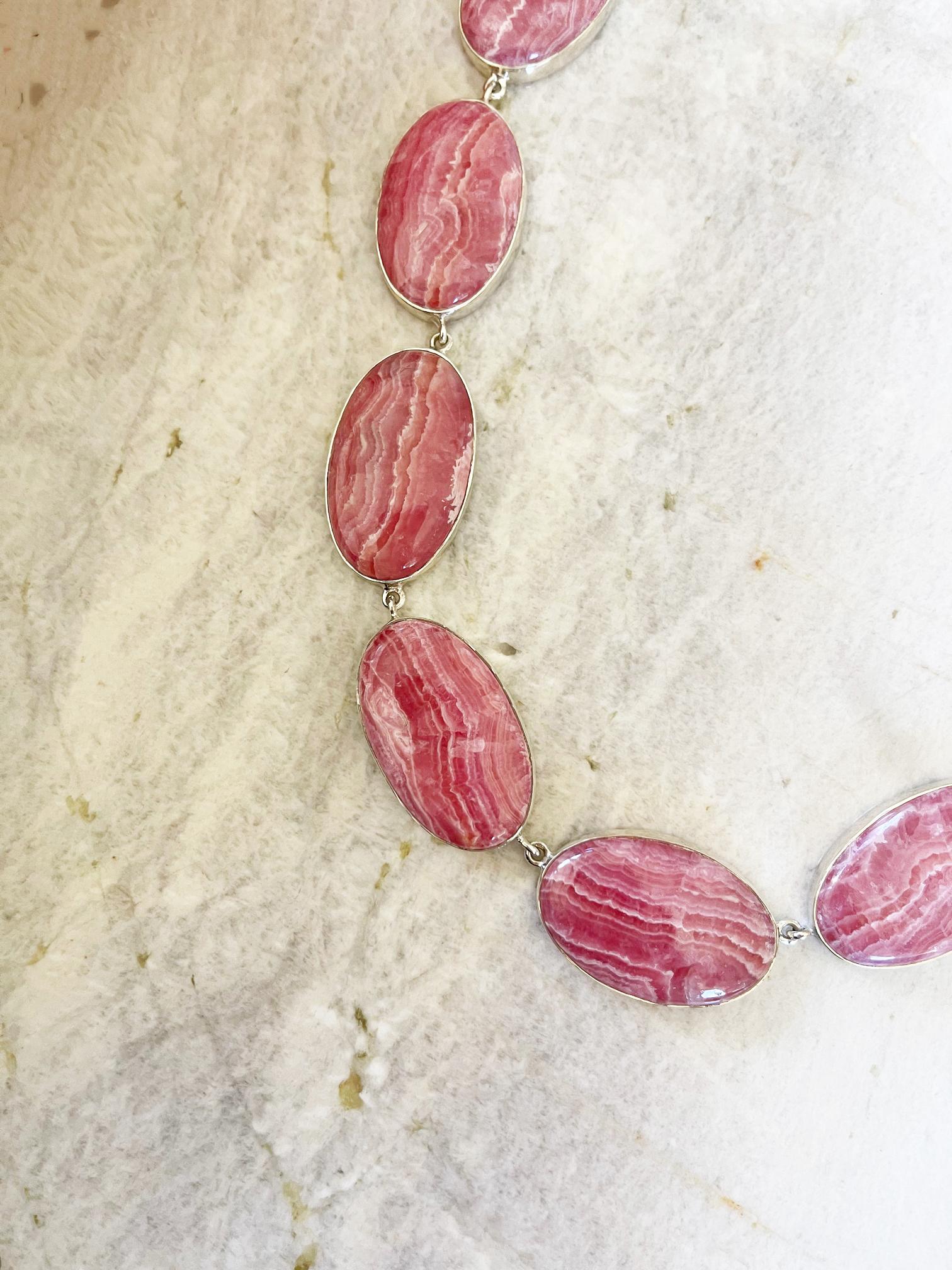 Women's Red Rhodochrosite and Sterling Silver Bezel Set Linked Bib Necklace For Sale