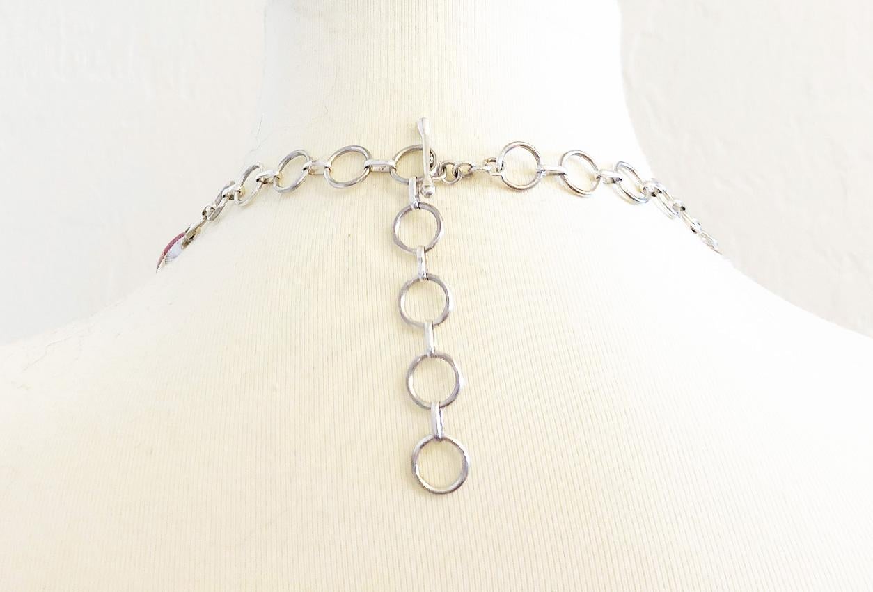 Red Rhodochrosite and Sterling Silver Bezel Set Linked Bib Necklace For Sale 1