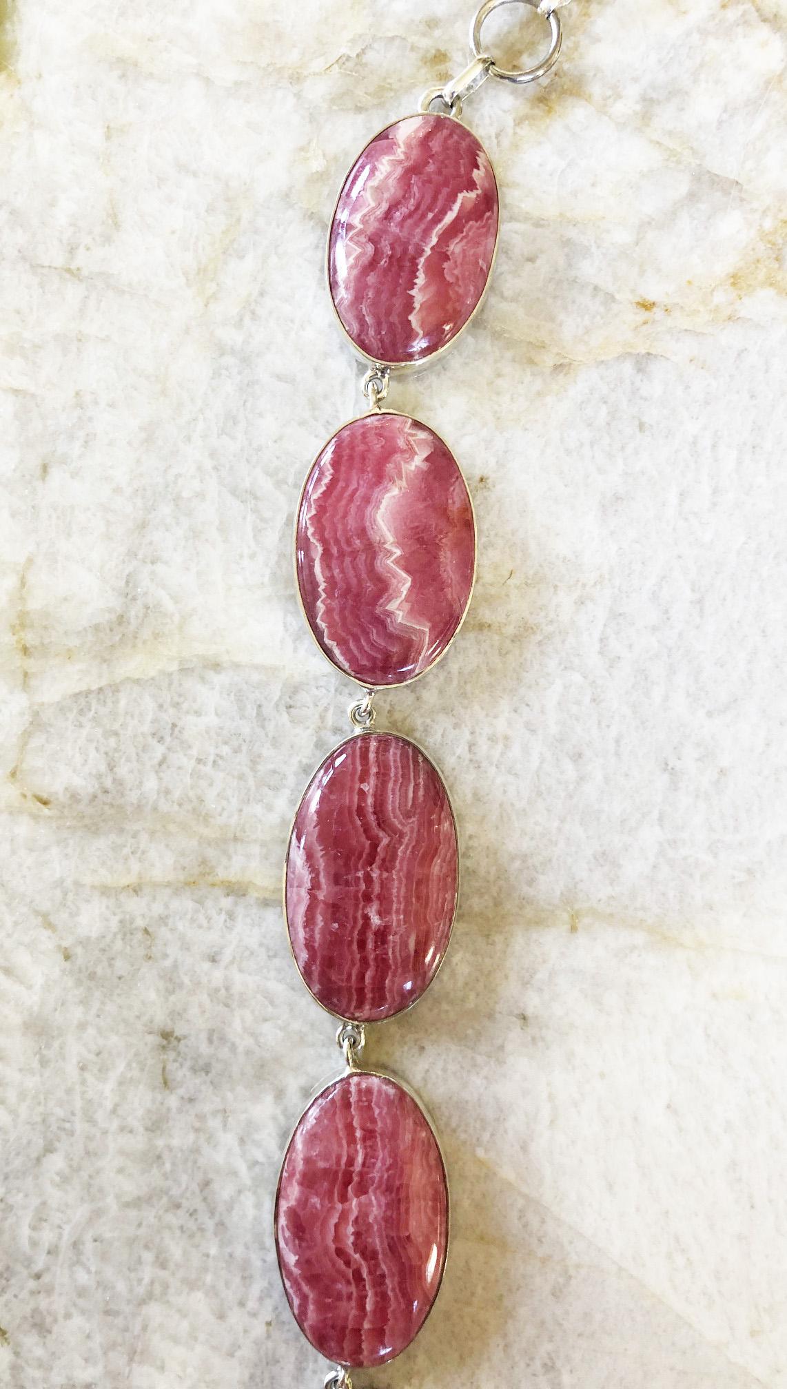 Red Rhodochrosite and Sterling Silver Bezel Set Linked Bib Necklace For Sale 2