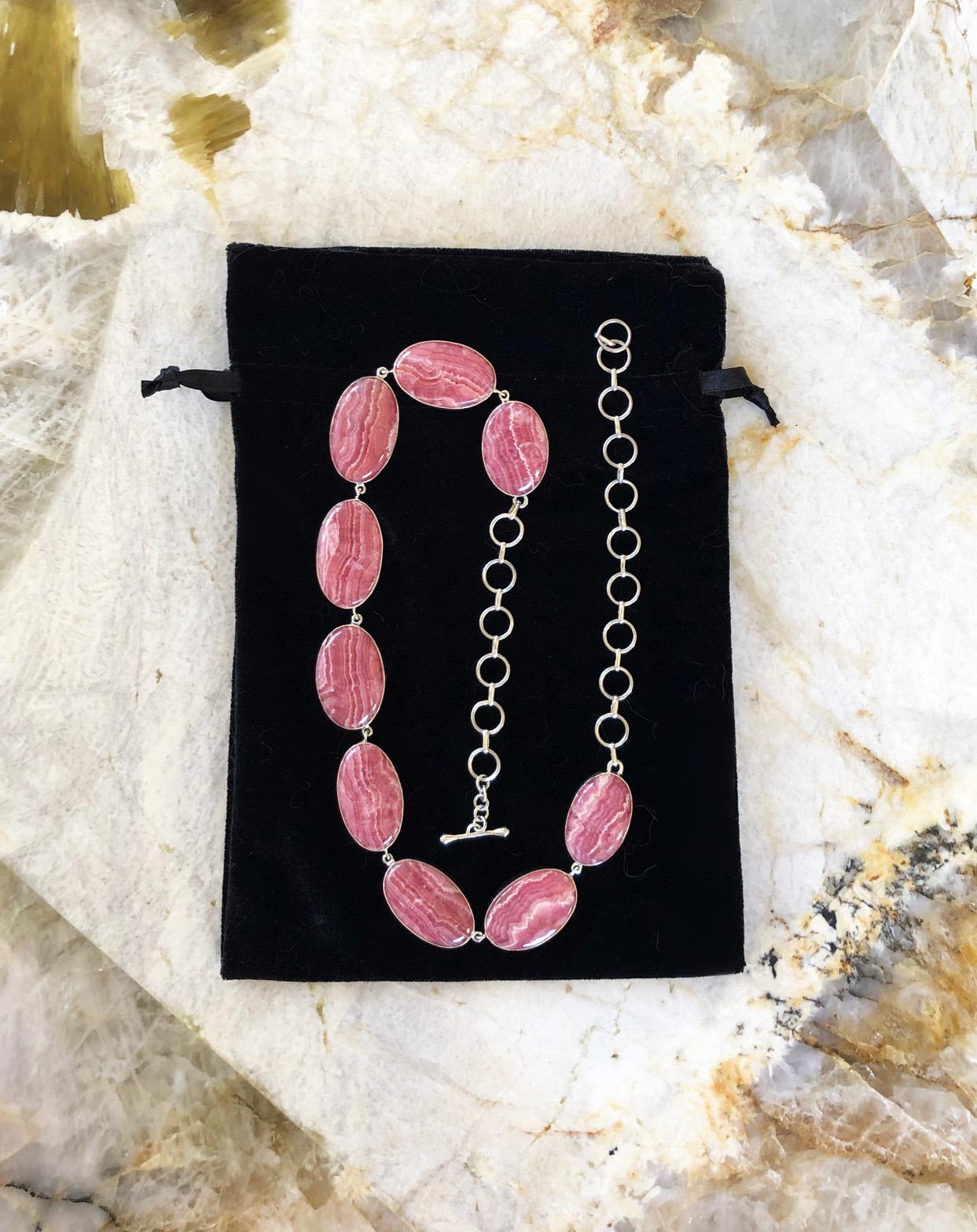 Red Rhodochrosite and Sterling Silver Bezel Set Linked Bib Necklace For Sale 3
