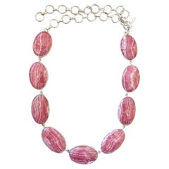 Red Rhodochrosite and Sterling Silver Bezel Set Linked Bib Necklace