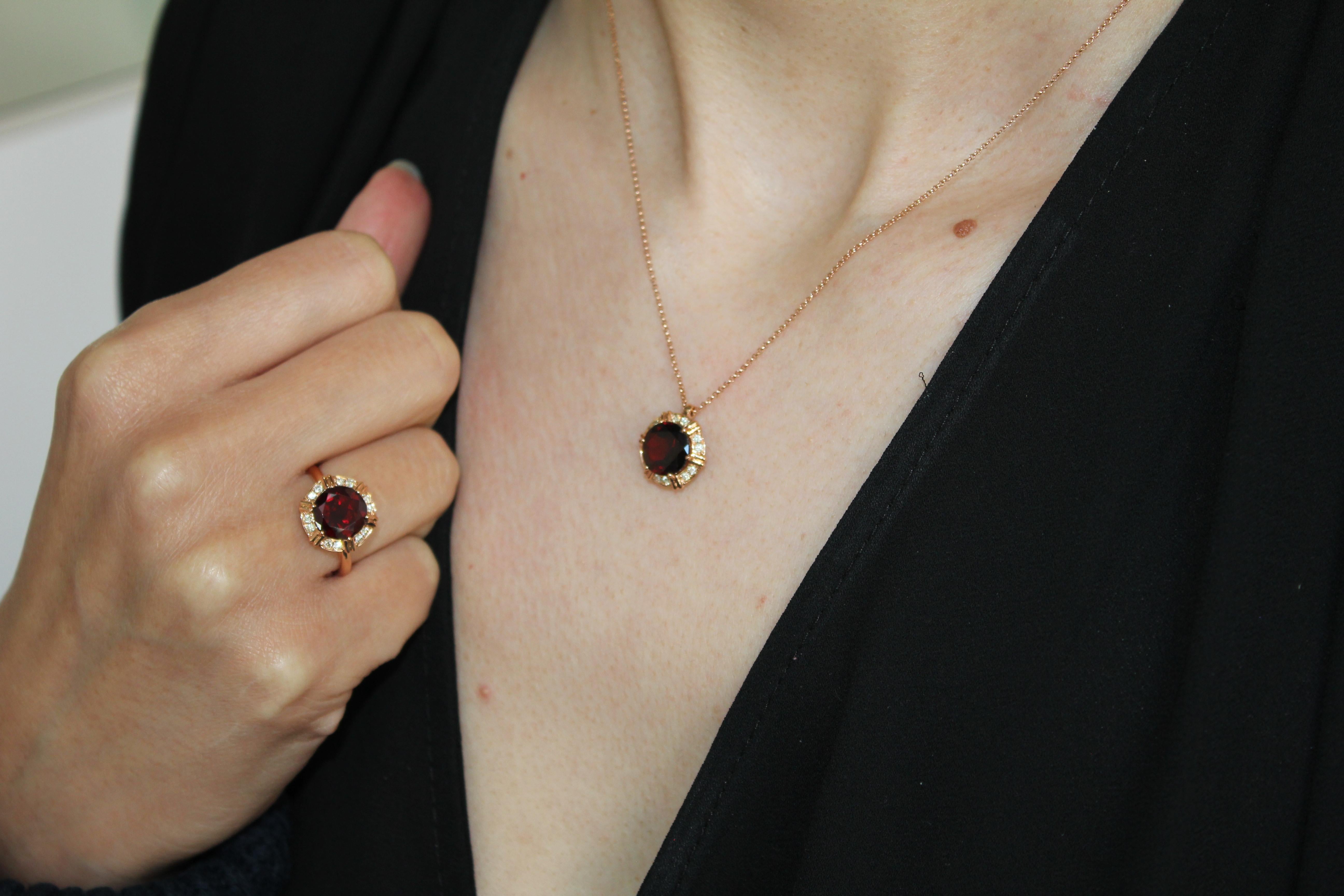 Women's or Men's Red Rhodolite Garnet Diamond Halo Statement Pendant Necklace 18 Karat Rose Gold For Sale
