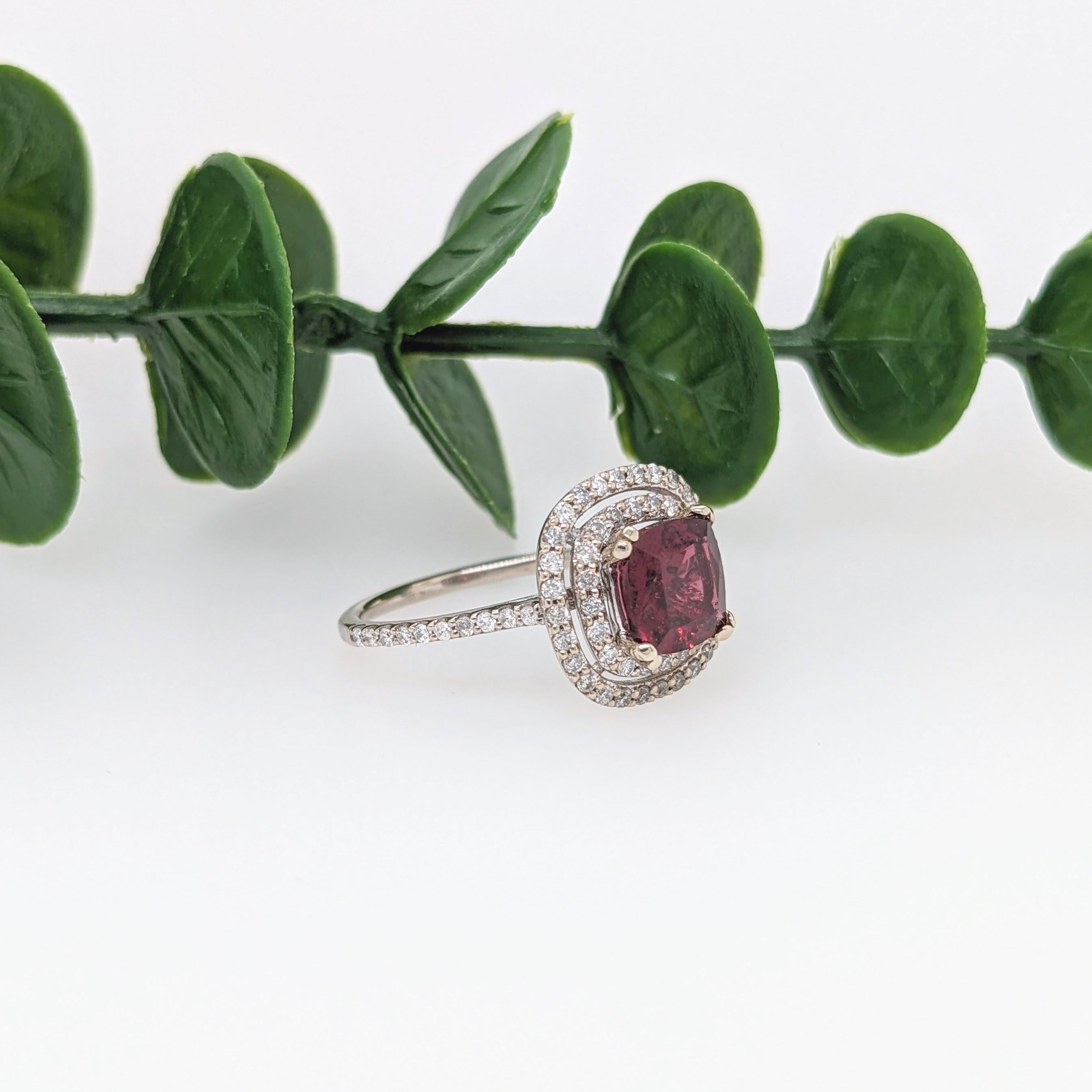 Modernist Red Rhodolite w Diamond Double Halo in Solid 14k White Gold Cushion Cut 6mm For Sale