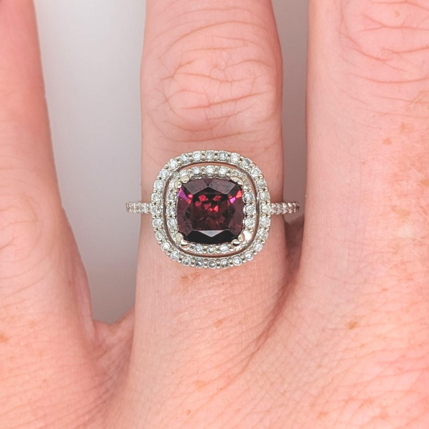 Women's 1.8ct Rhodolite Ring w Earth Mined Diamonds in Solid 14k White Gold Cushion 6mm For Sale