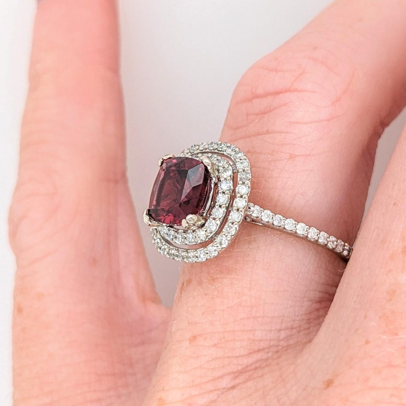 Red Rhodolite w Diamond Double Halo in Solid 14k White Gold Cushion Cut 6mm For Sale 2