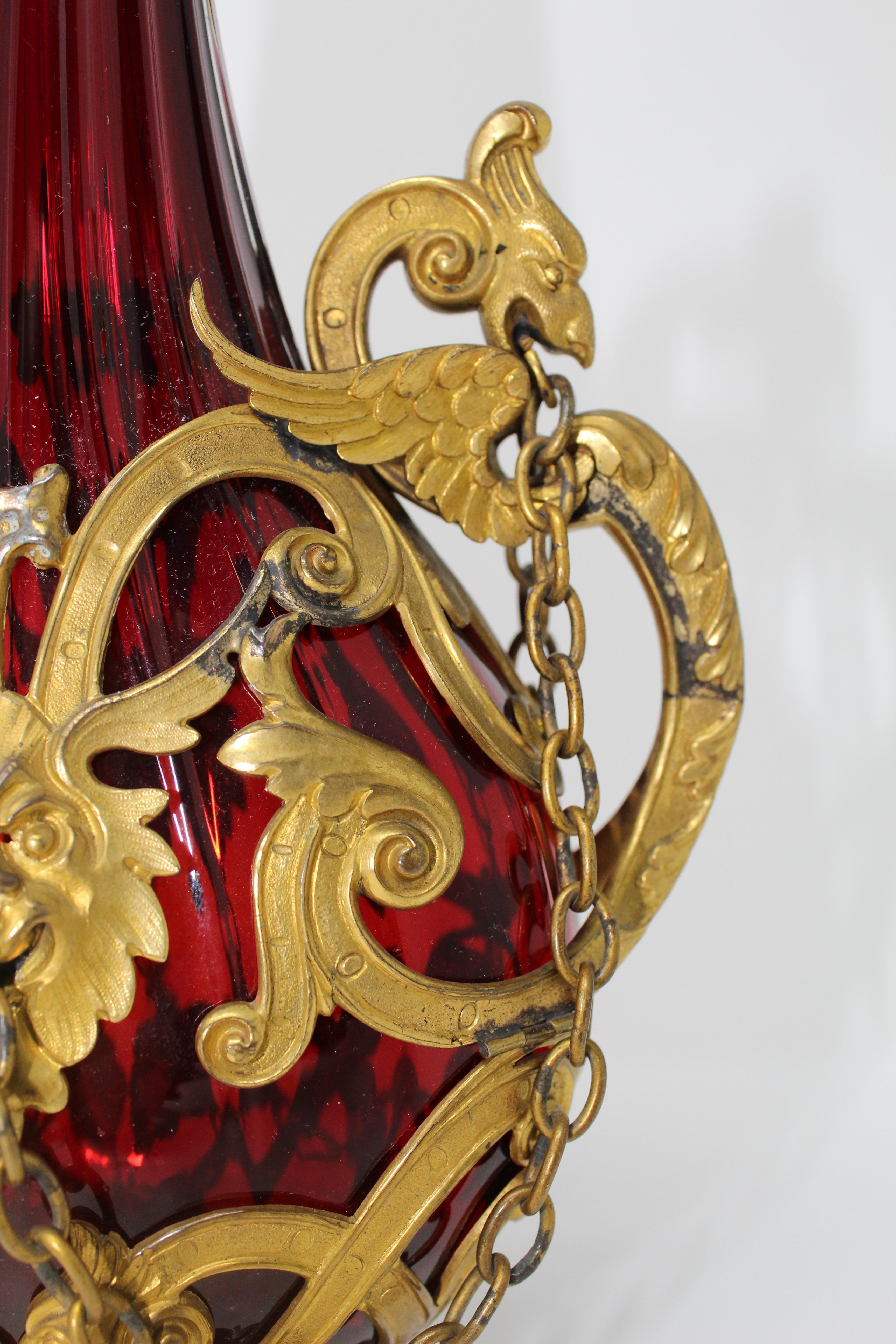 Other Red Ribbed-Glass Gilt-Metal Mounted Flask Made Around the 19th Century, Italy For Sale
