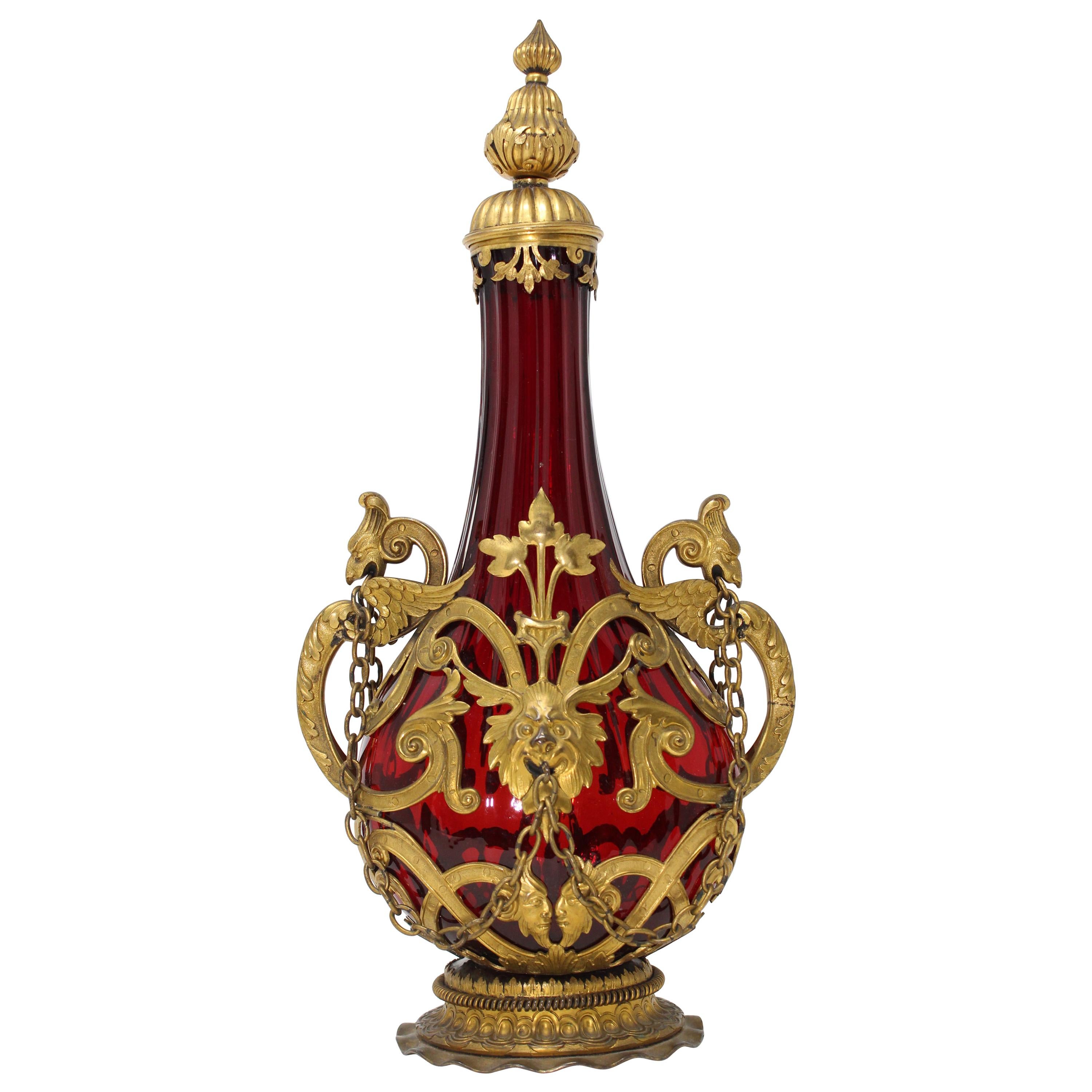 Red Ribbed-Glass Gilt-Metal Mounted Flask Made Around the 19th Century, Italy For Sale