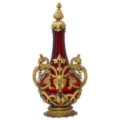 Red Ribbed-Glass Gilt-Metal Mounted Flask Made Around the 19th Century, Italy