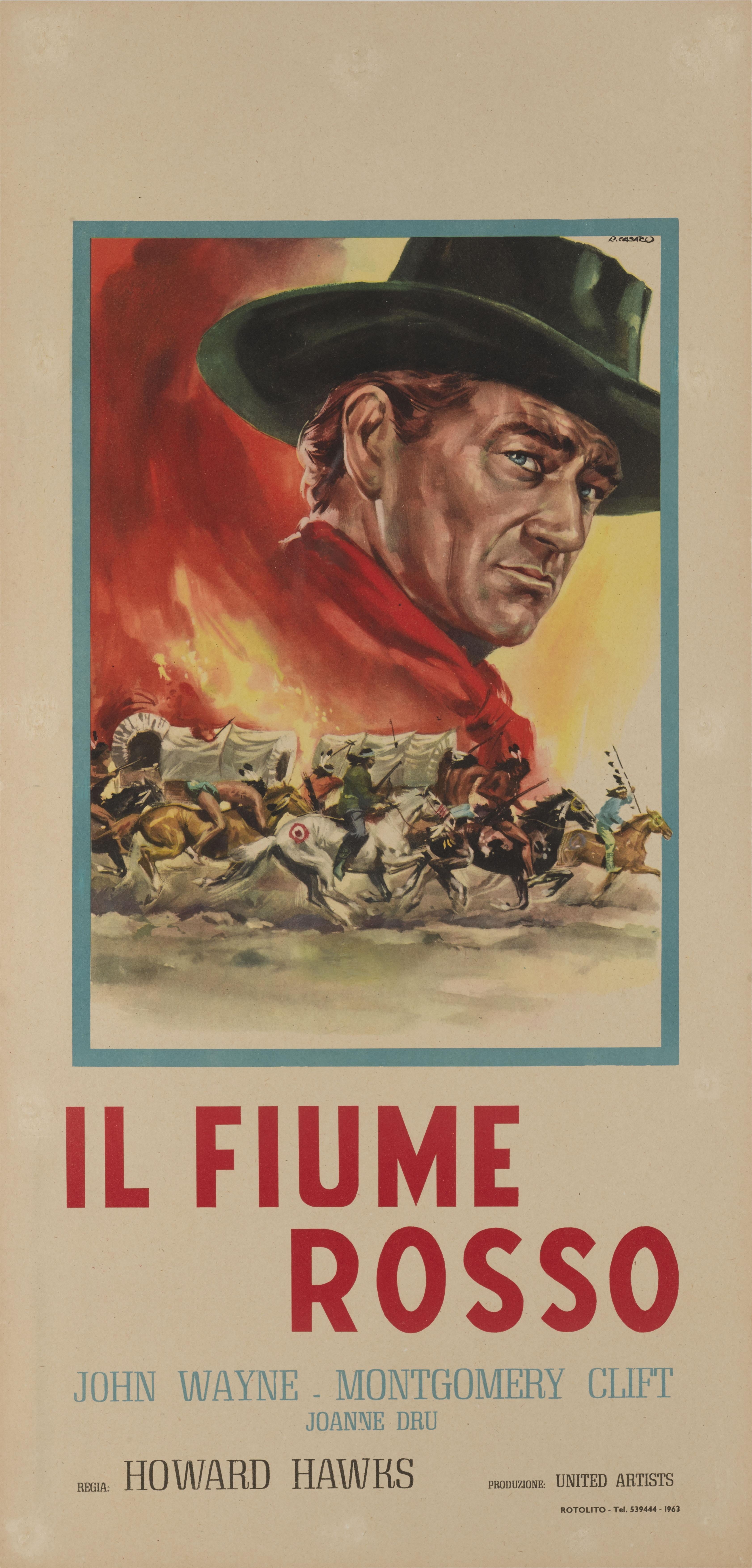 Original Italian film poster for the 1948 western directed by Howard Hawks and starring John Wayne. This size poster would have been used outside the cinema in glass display case.This poster was created for the films 1963 re-release. The artwork on