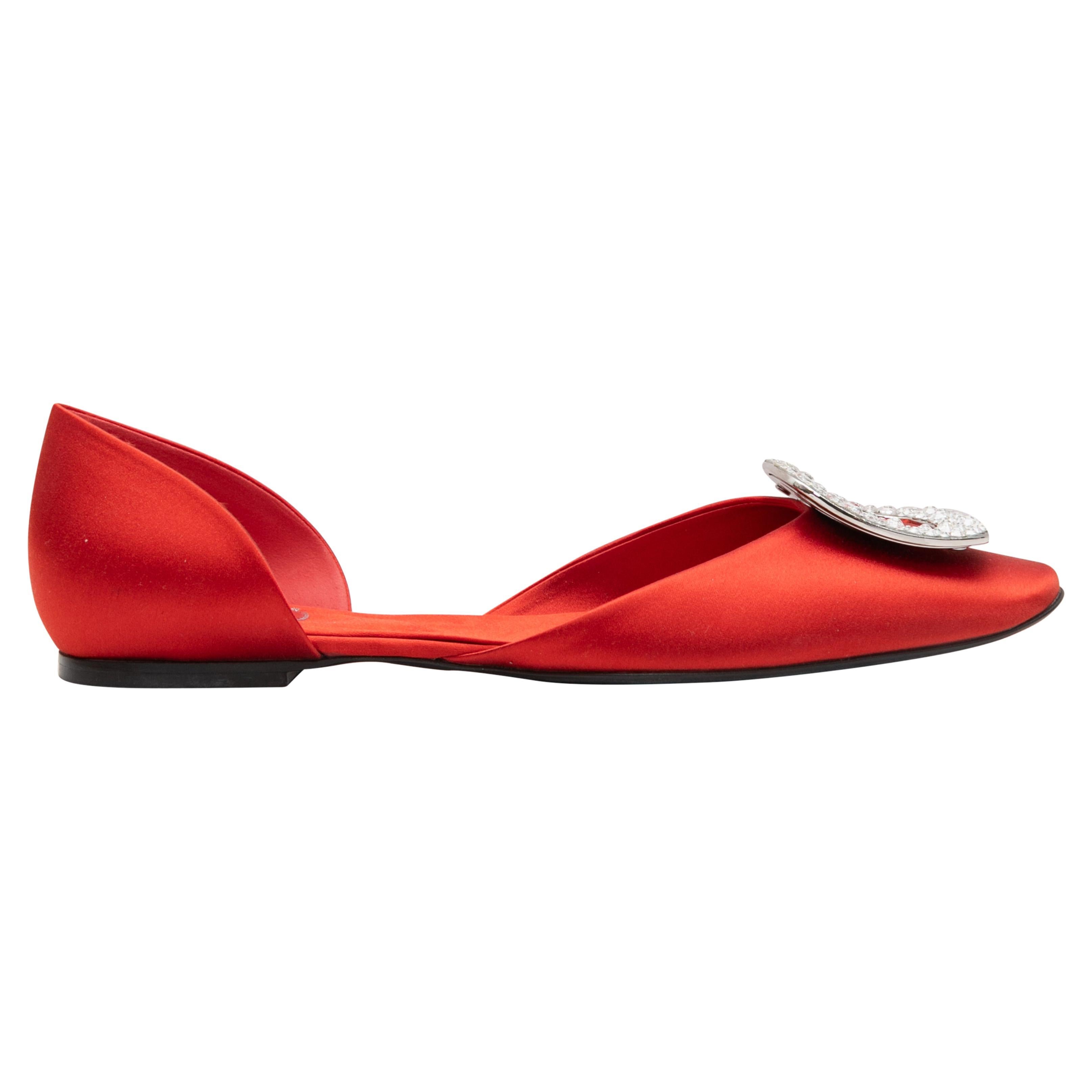 Red Roger Vivier Satin d'Orsay Buckle Flats Size 39 For Sale