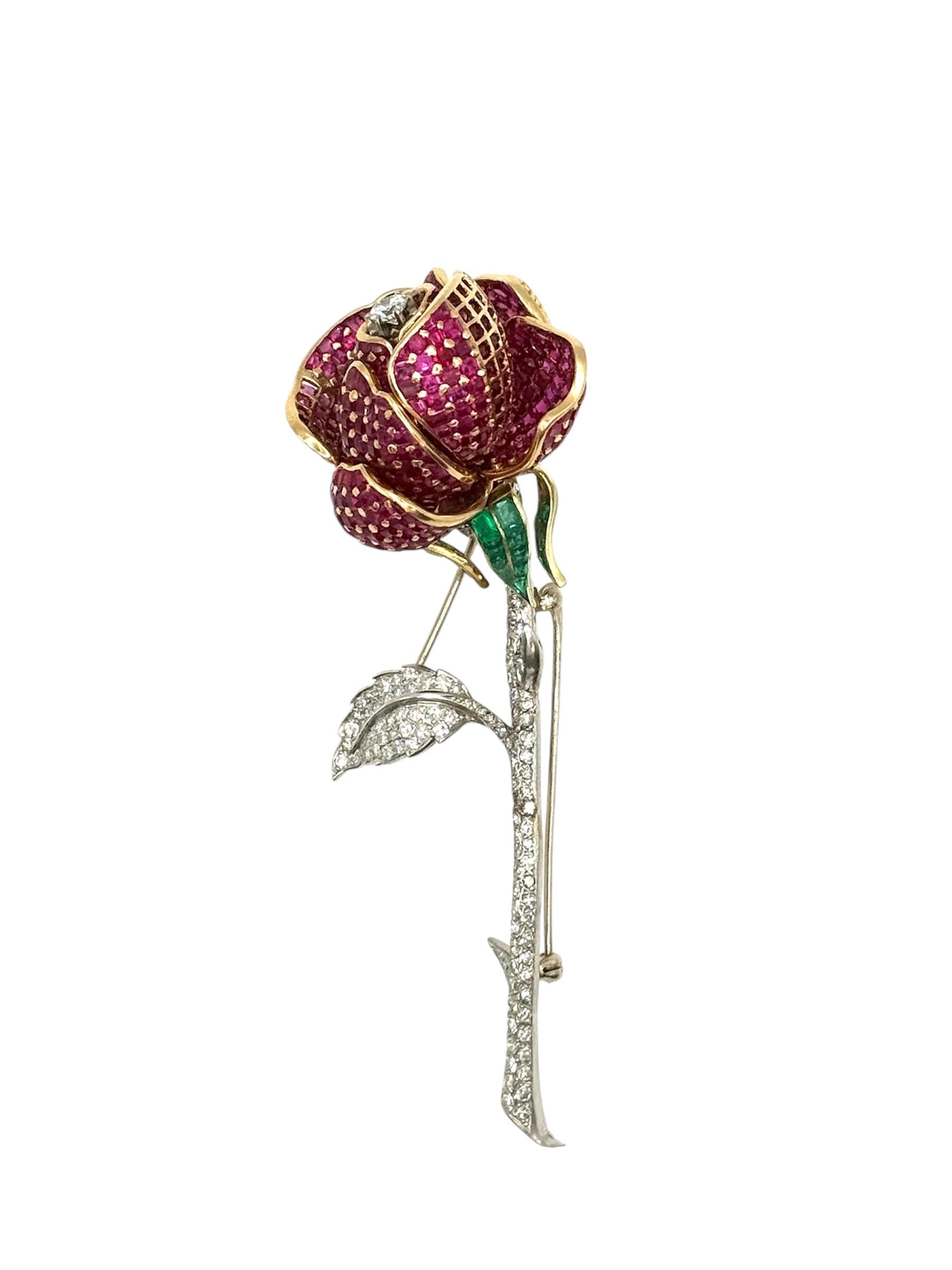 Retro Platinum Yellow Gold Ruby, Diamond and Emerald Red Rose Brooch For Sale