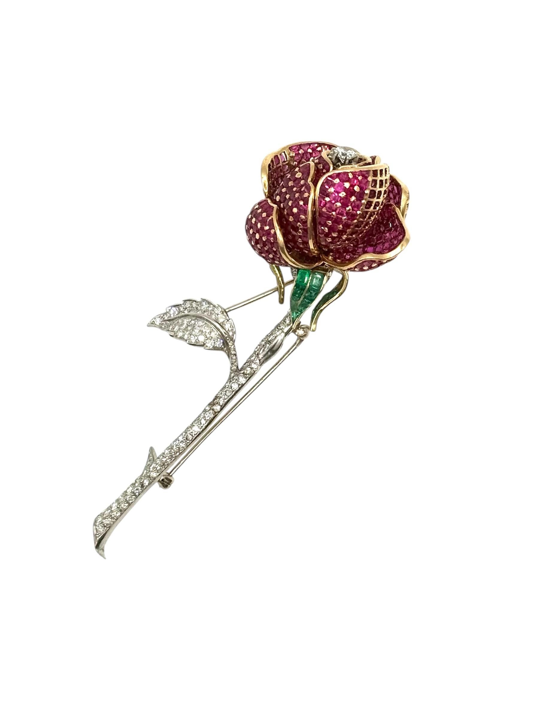 Round Cut Platinum Yellow Gold Ruby, Diamond and Emerald Red Rose Brooch For Sale