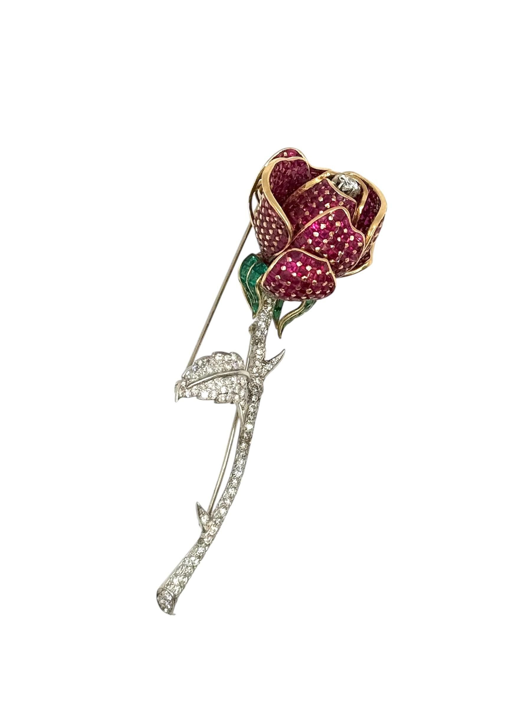 Platinum Yellow Gold Ruby, Diamond and Emerald Red Rose Brooch In Excellent Condition For Sale In Great Neck Plaza, NY