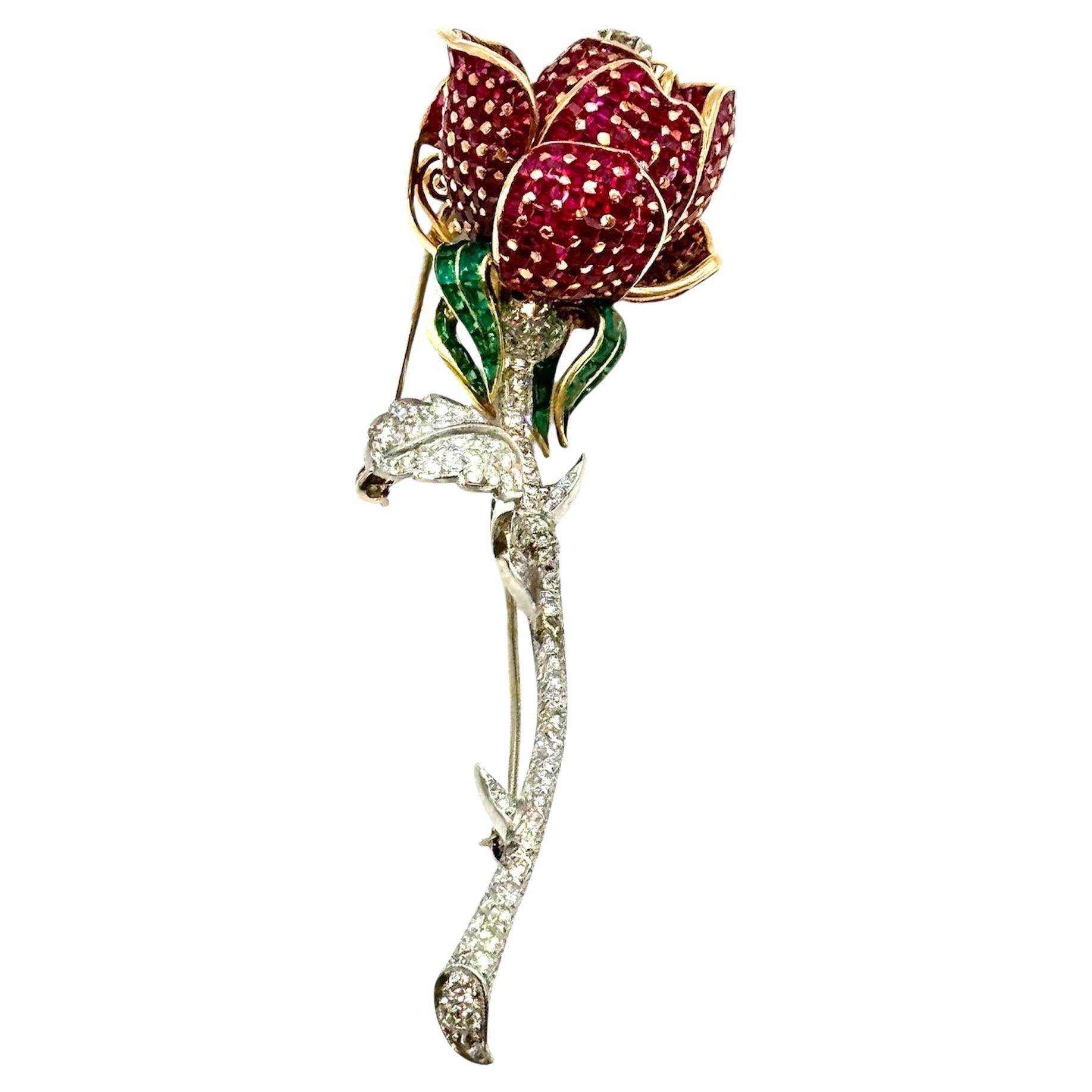 Platinum Yellow Gold Ruby, Diamond and Emerald Red Rose Brooch For Sale