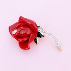 Red Rose Brooch with Crystal Rhinestone Accents By Kenneth Jay Lane, 1990s