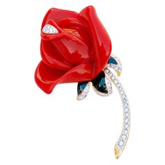 Vintage Red Rose Brooch with Crystal Rhinestone Accents By Kenneth Jay Lane, 1990s